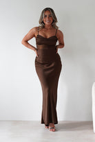 Everleigh Soft Satin Midaxi Dress Brown | Wedding Guest Dress | Satin | Oh Hello Clothing