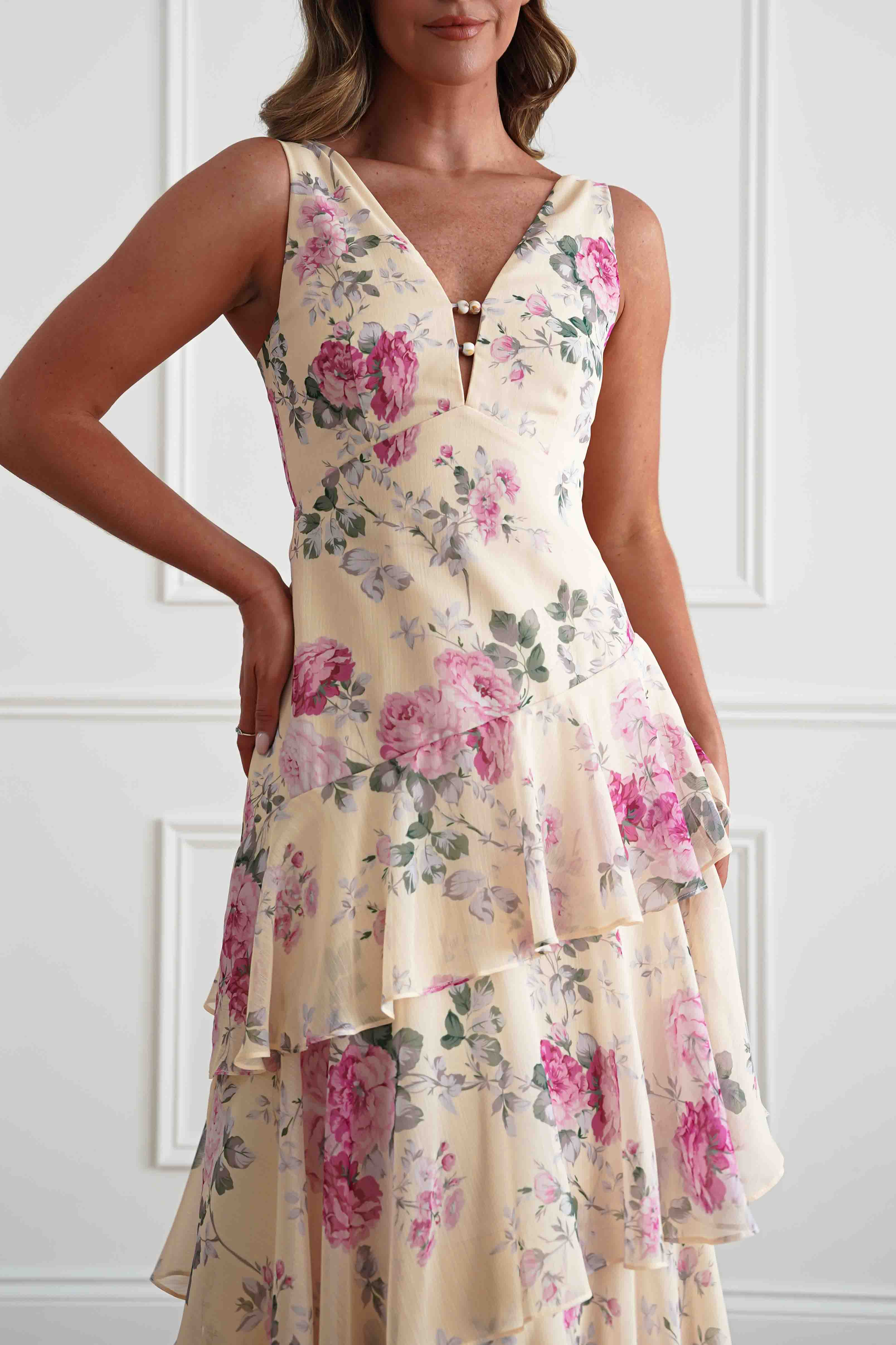 Oh Hello Clothing Women > Clothing > Dresses Flora Tiered Floral Print Maxi Dress | Yellow