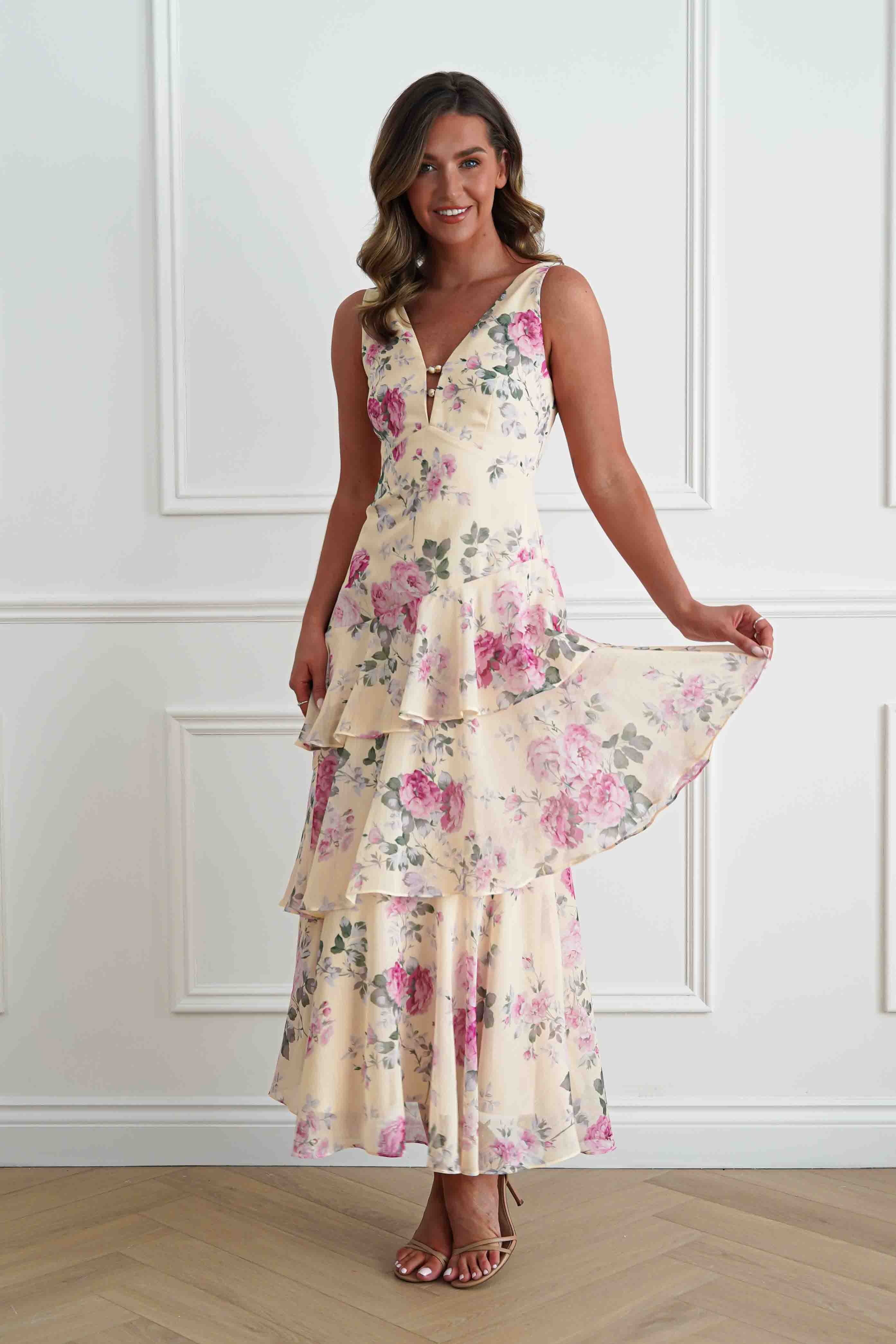 Oh Hello Clothing Women > Clothing > Dresses Flora Tiered Floral Print Maxi Dress | Yellow