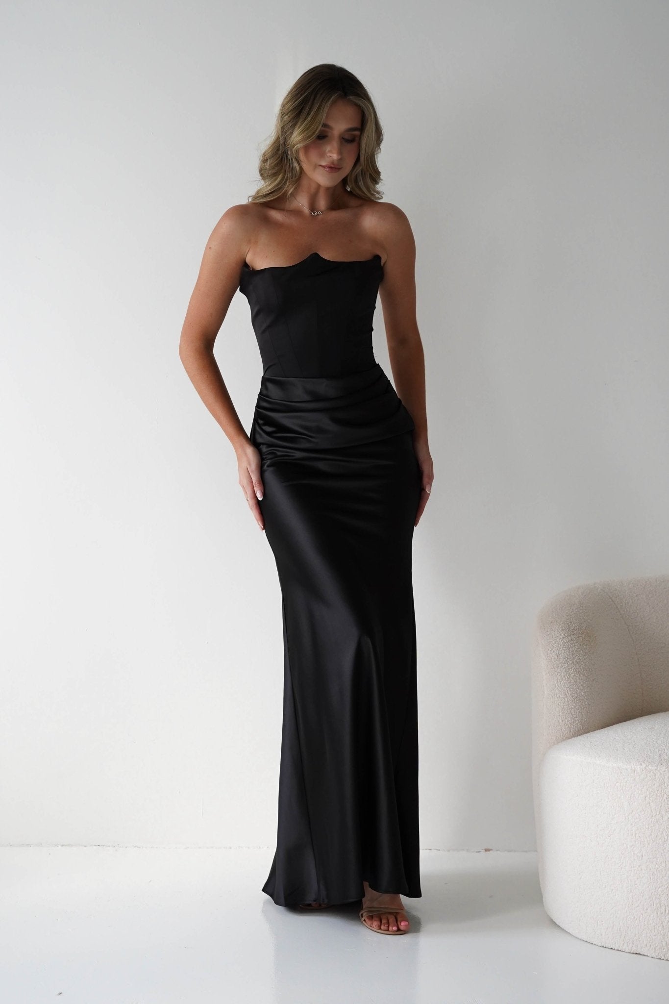 Giselle Corset Satin Maxi Dress Black | Black Tie Evening Dress | Corset Bodice | Maxi | Oh Hello Clothing