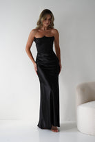 Giselle Corset Satin Maxi Dress Black | Black Tie Evening Dress | Corset Bodice | Maxi | Oh Hello Clothing