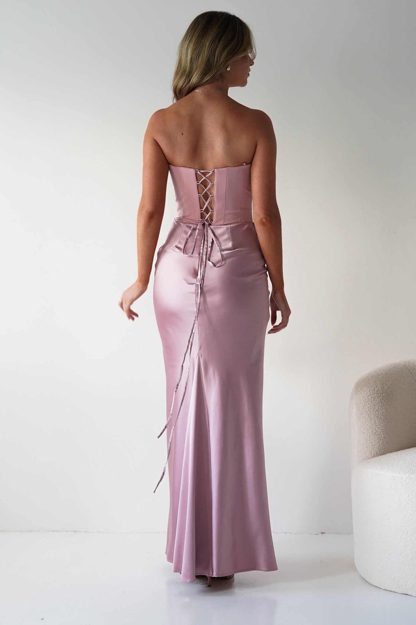 Giselle Corset Satin Maxi Dress Blush | Wedding Guest Dress | Corset Bodice | Maxi | Oh Hello Clothing