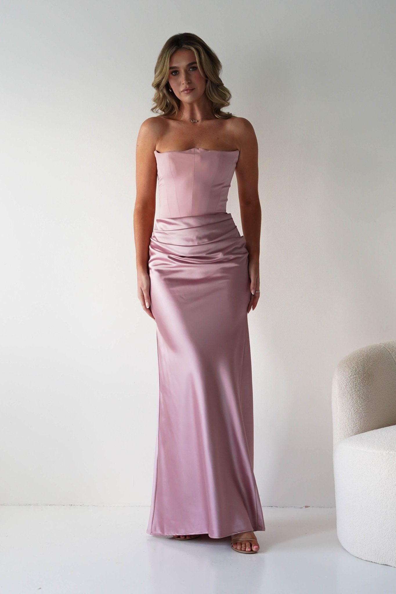 Giselle Corset Satin Maxi Dress Blush | Wedding Guest Dress | Corset Bodice | Maxi | Oh Hello Clothing