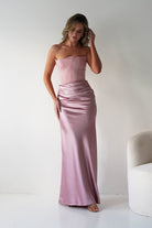 Giselle Corset Satin Maxi Dress Blush | Wedding Guest Dress | Corset Bodice | Maxi | Oh Hello Clothing