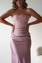 Giselle Corset Satin Maxi Dress Blush | Wedding Guest Dress | Corset Bodice | Maxi | Oh Hello Clothing