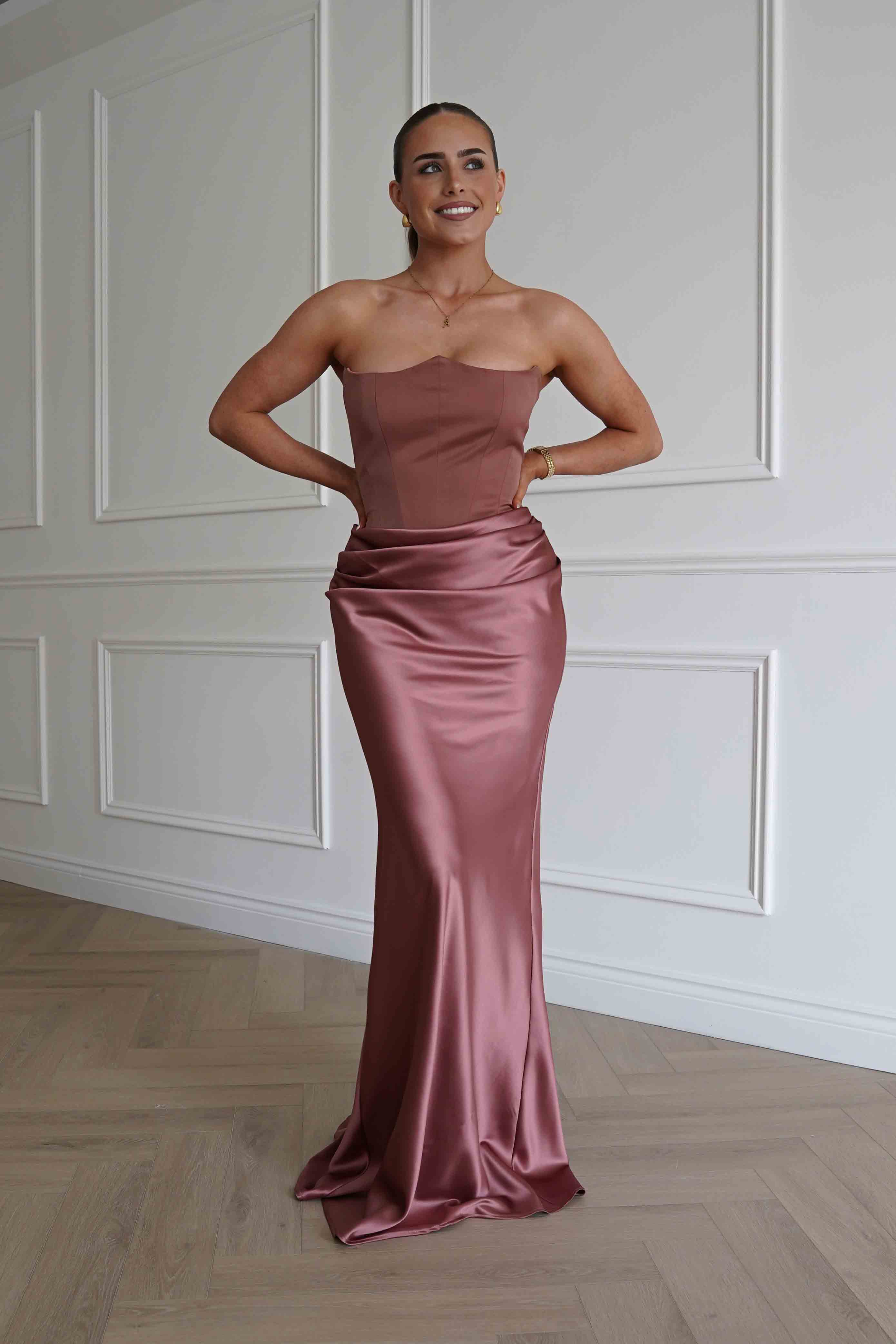 Oh Hello Clothing Dresses > Prom Dresses Giselle Corset Satin Maxi Dress | Rosewood