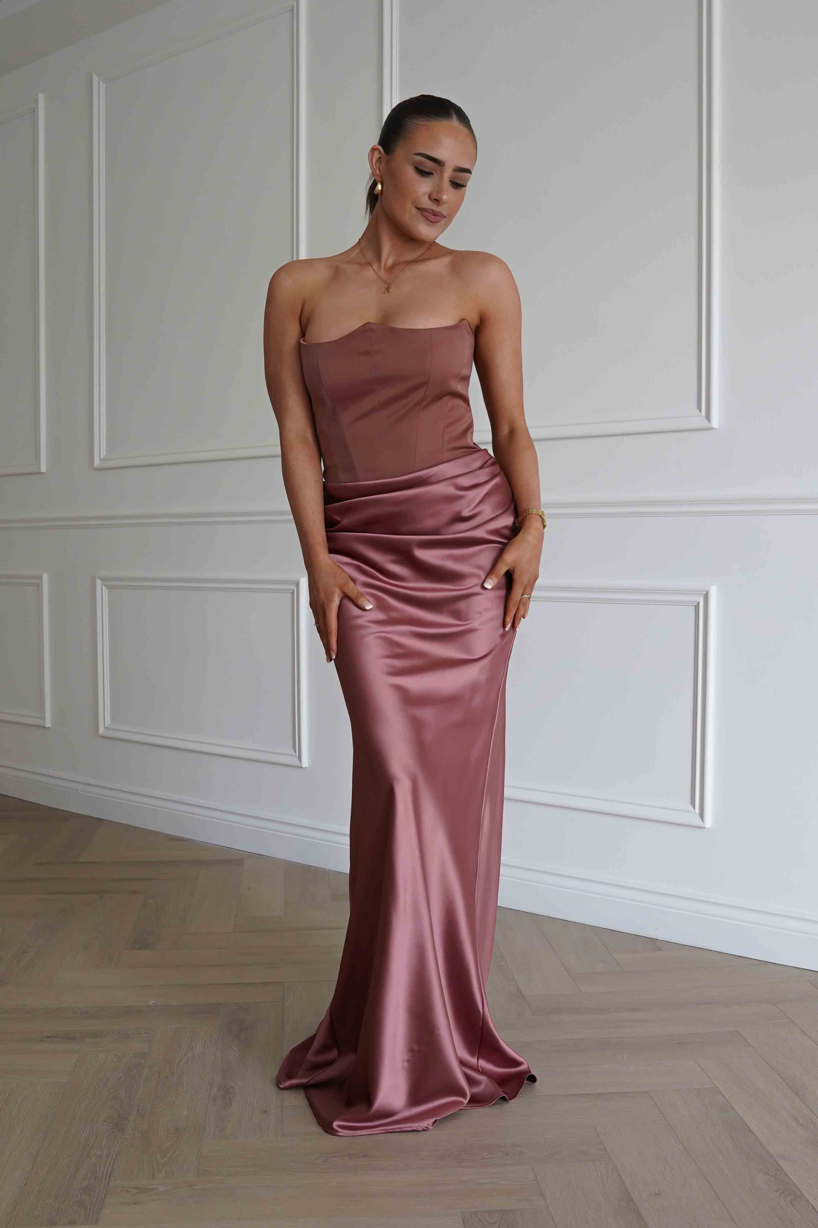 Oh Hello Clothing Dresses > Prom Dresses Giselle Corset Satin Maxi Dress | Rosewood