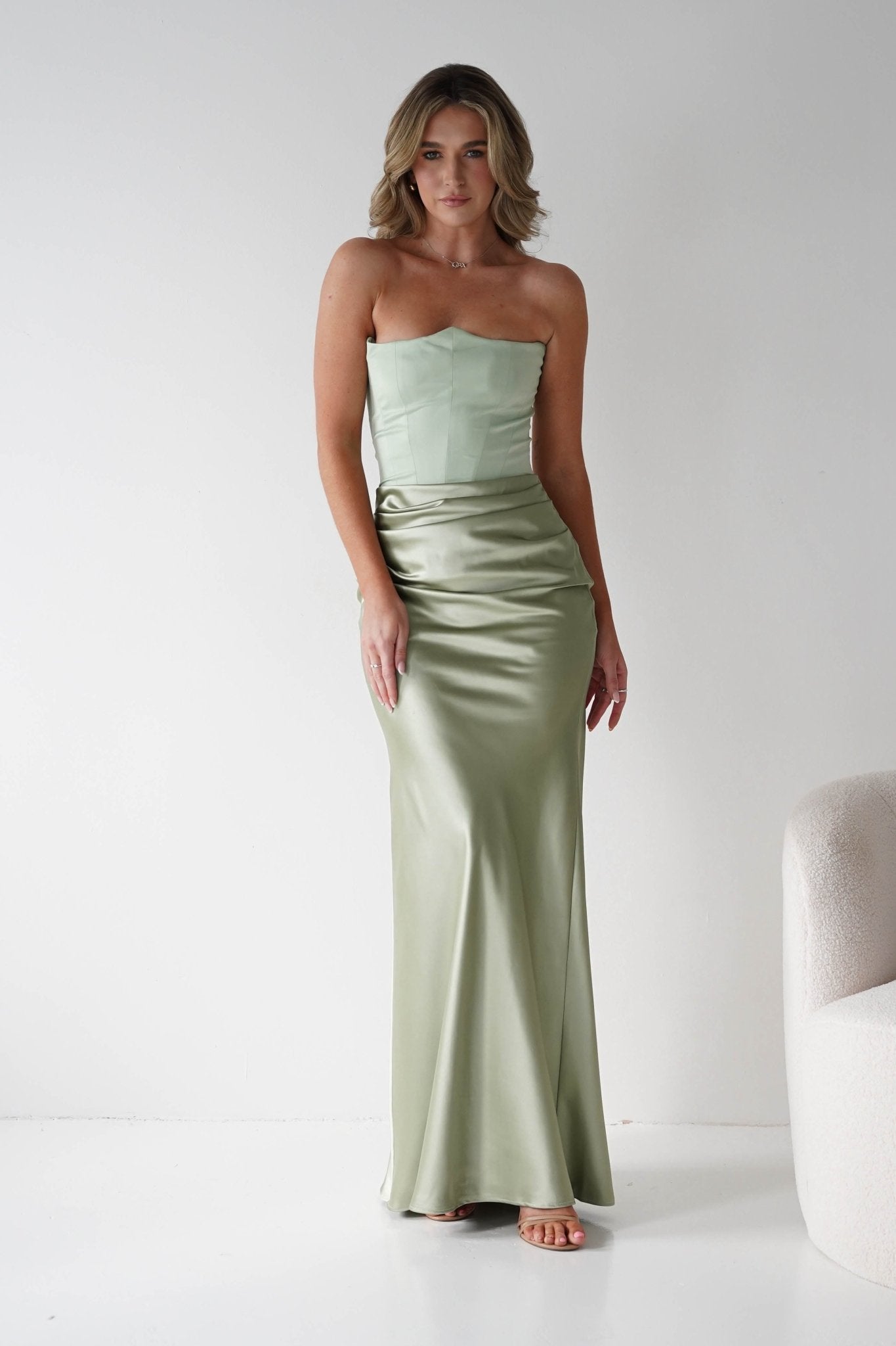 Giselle Corset Satin Maxi Dress Sage | Wedding Guest Dress | Corset Bodice | Maxi | Oh Hello Clothing