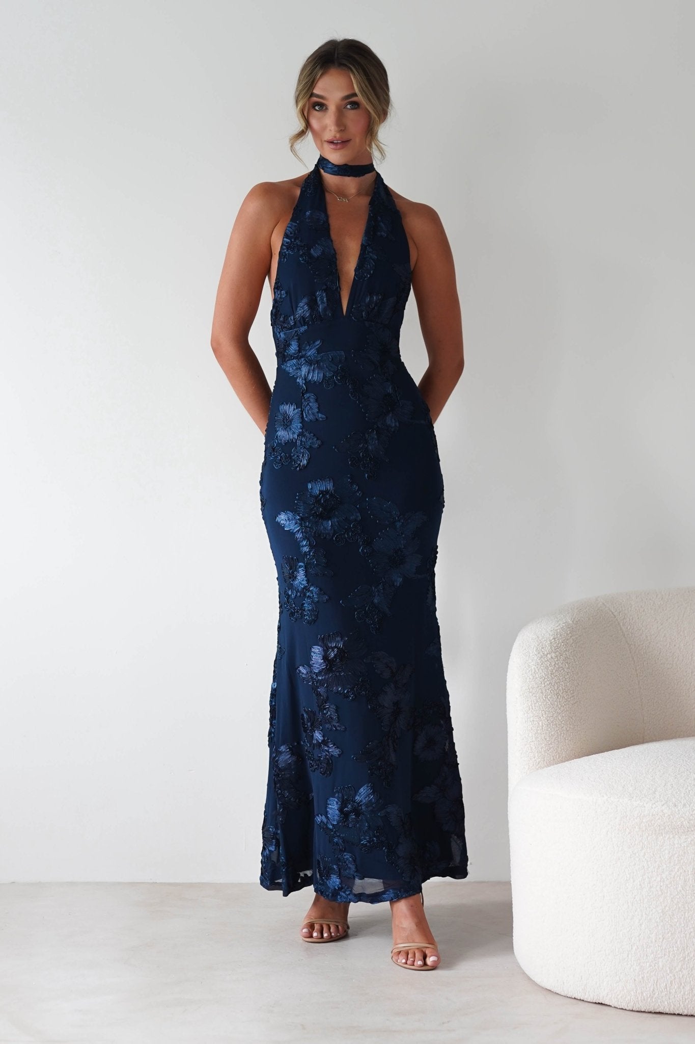 Halsey Tie Back Maxi Dress Navy Textured | Wedding Guest Dress | Maxi | Oh Hello Clothing