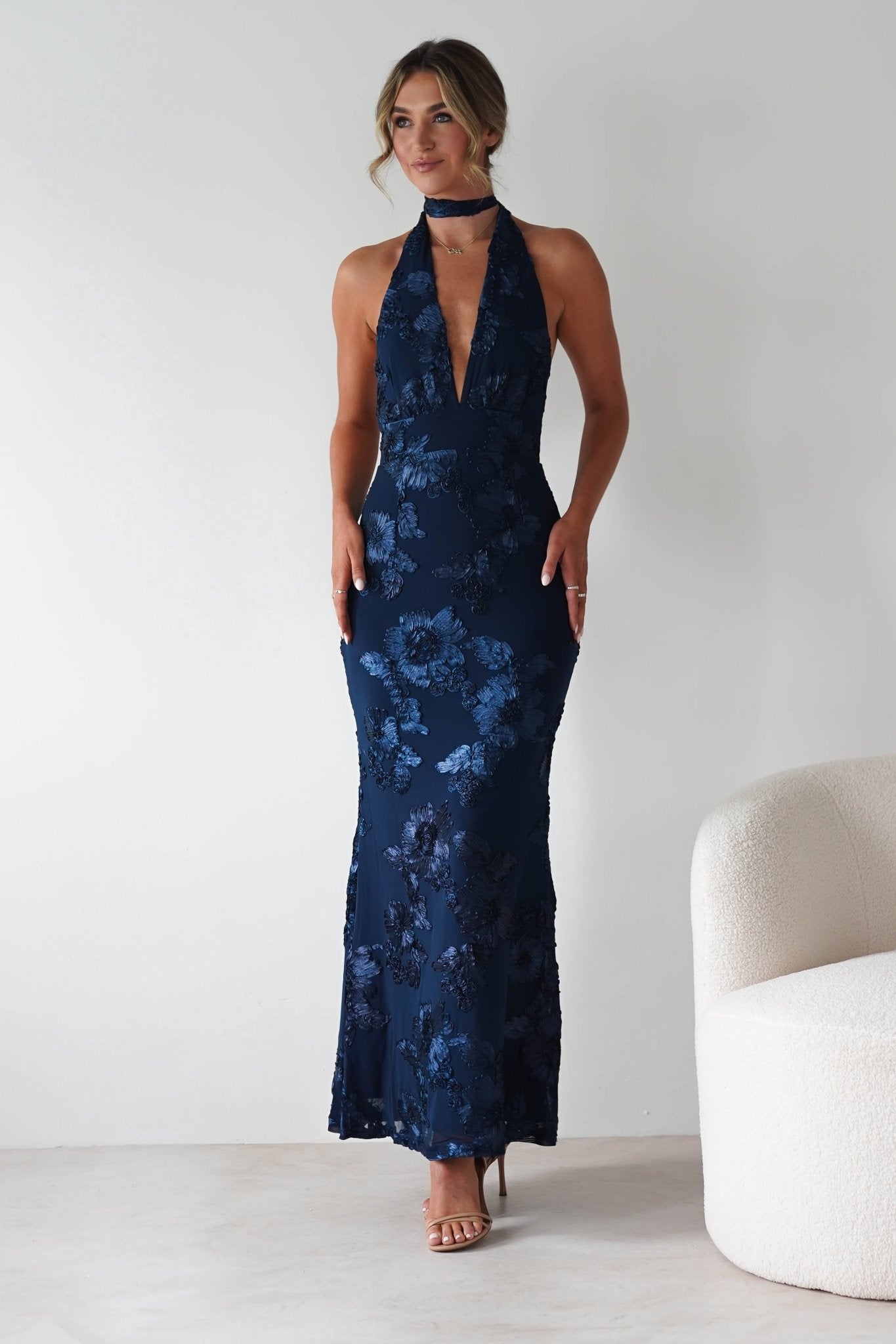 Halsey Tie Back Maxi Dress Navy Textured | Wedding Guest Dress | Maxi | Oh Hello Clothing