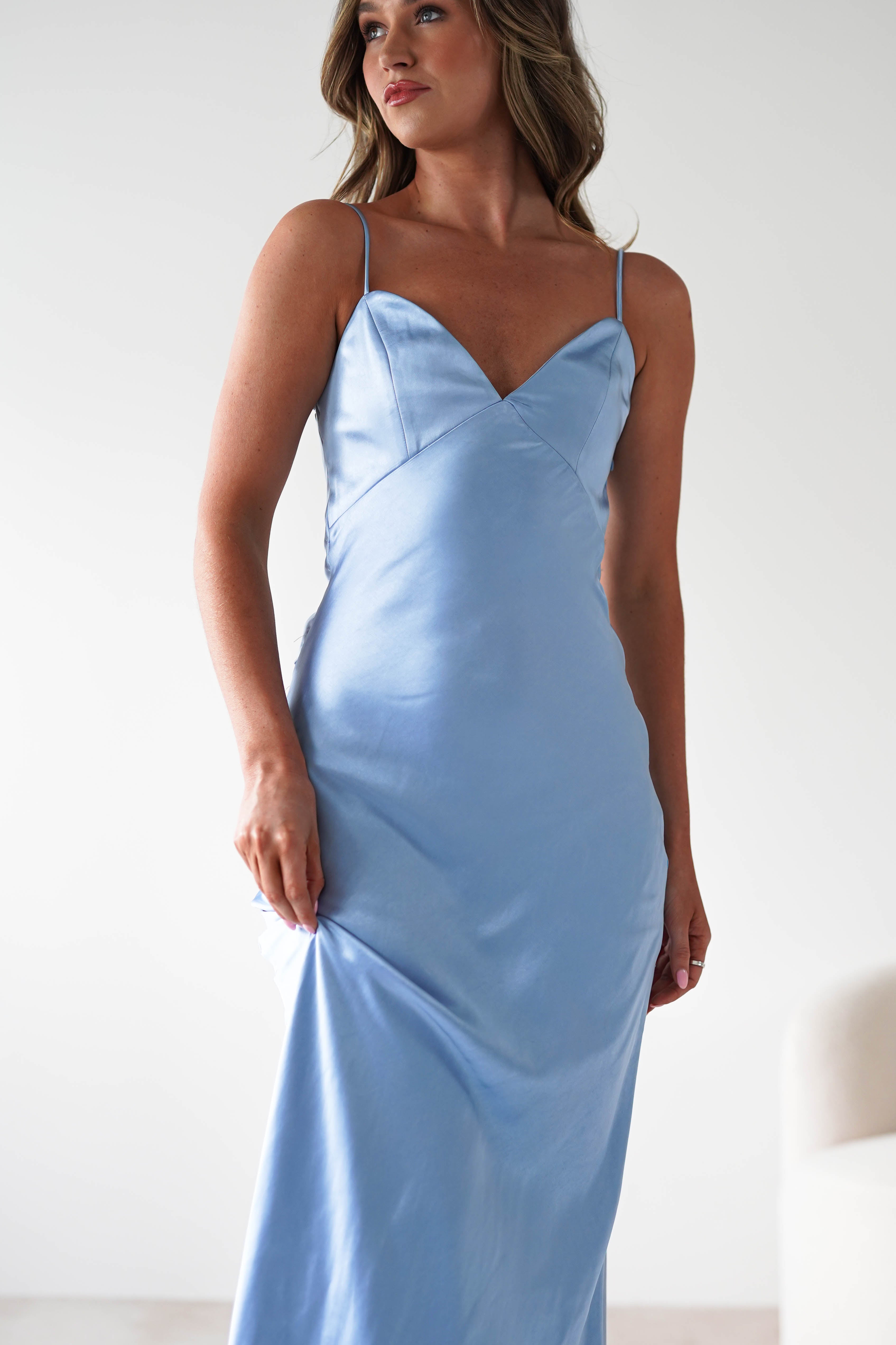 Hermie Silky Satin Maxi Dress Blue | Wedding Guest Dress | Maxi | Satin | Oh Hello Clothing