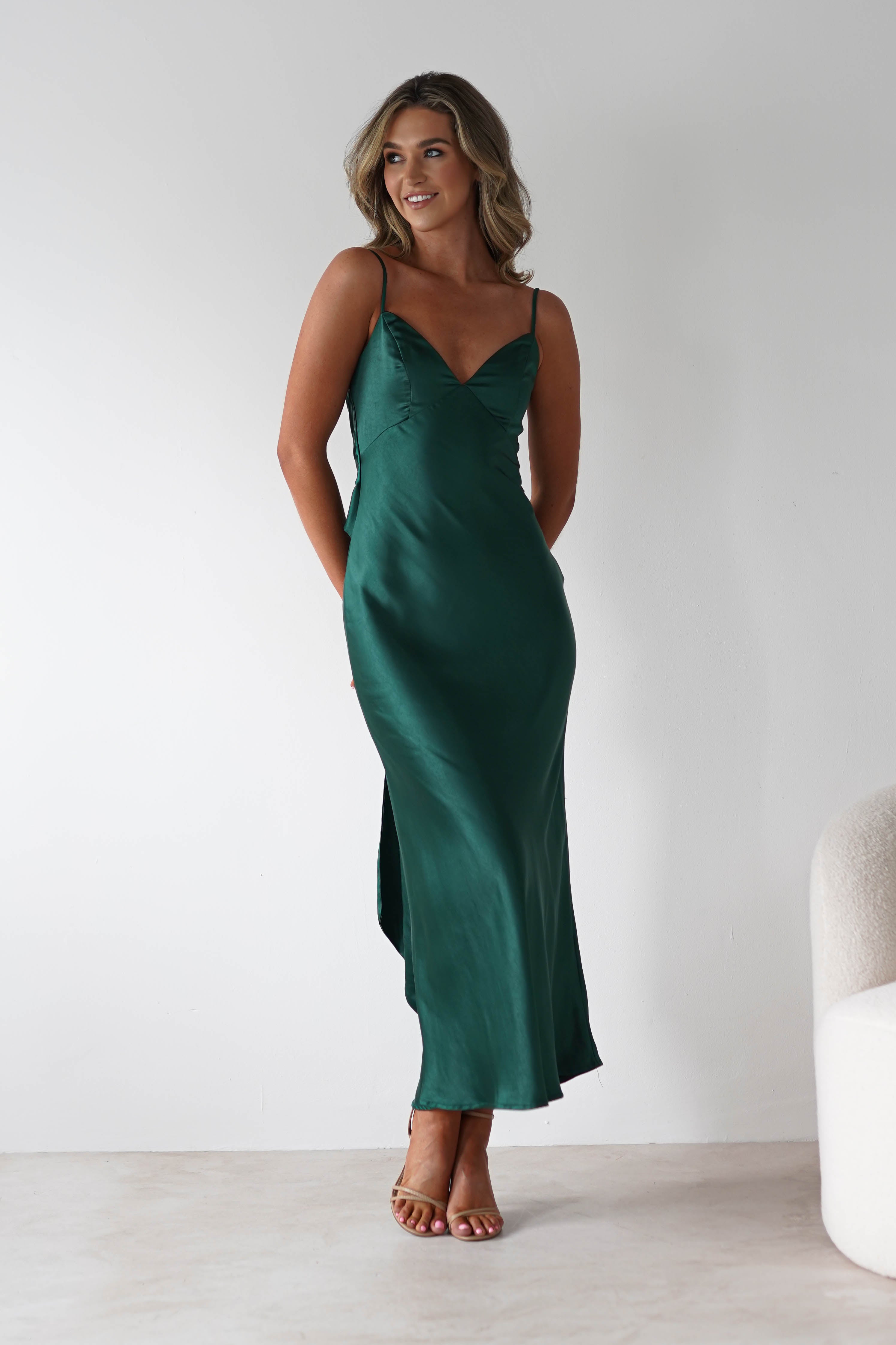 Hermie Silky Satin Maxi Dress Forest Green | Wedding Guest Dress | Maxi | Satin | Oh Hello Clothing