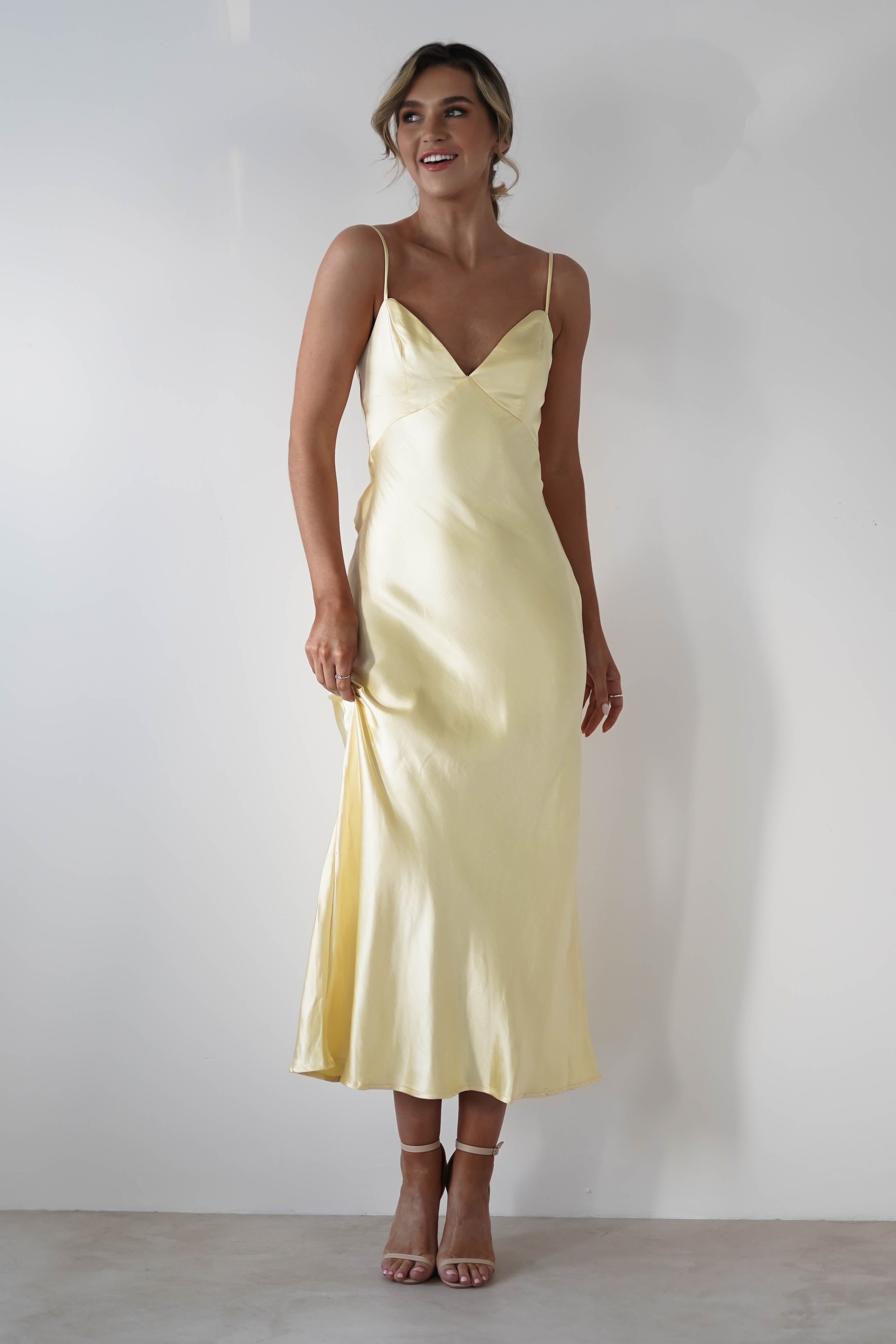 Hermie Silky Satin Maxi Dress Lemon | Wedding Guest Dress | Maxi | Satin | Oh Hello Clothing