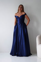 Oh Hello Clothing Dresses > Prom Dresses Irenia Off The Shoulder Structured Maxi Gown | Navy