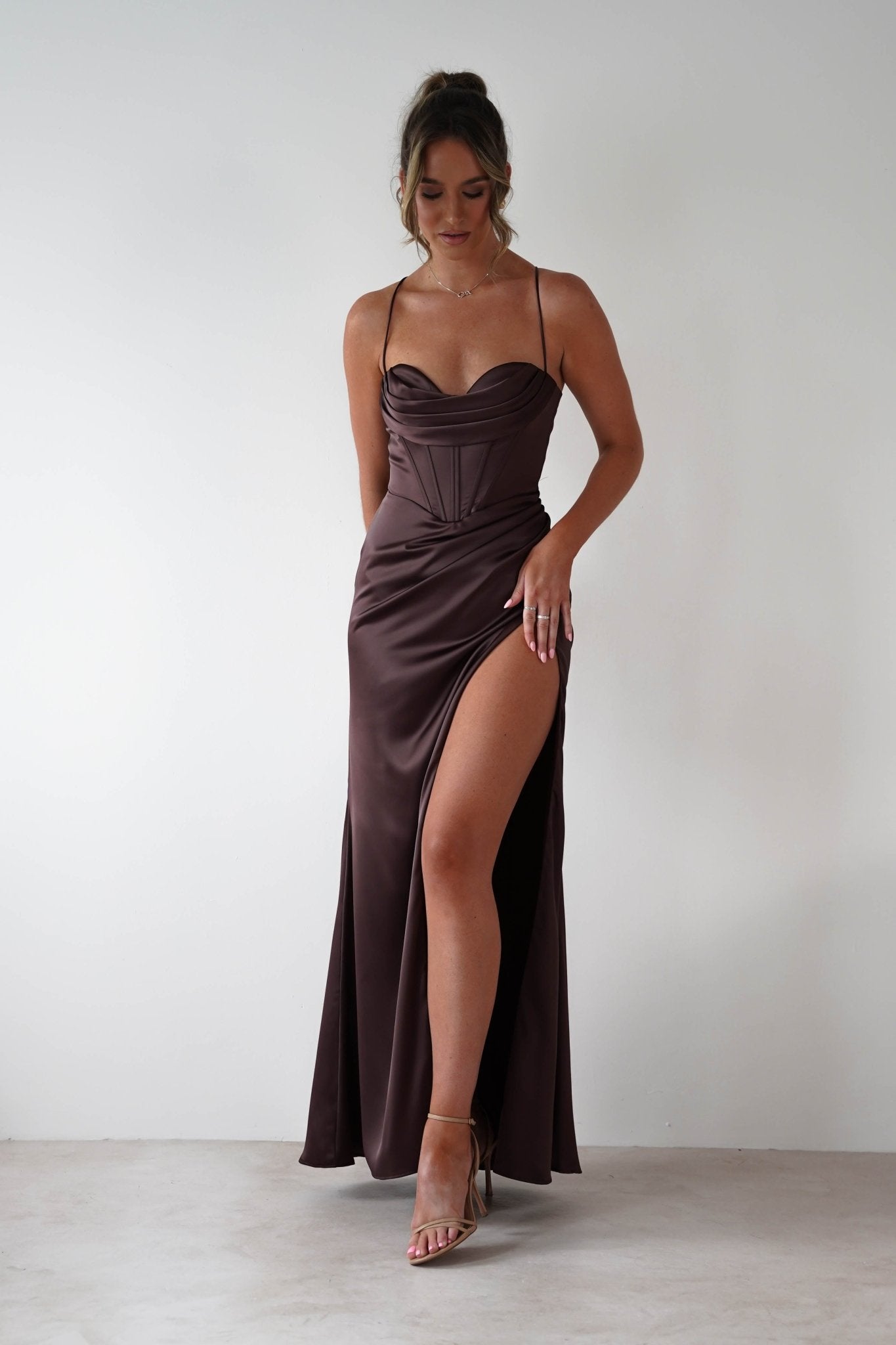 Julianne High Slit Corset Satin Gown | Brown | Debs & Prom | Formal Gown | Oh Hello Clothing