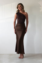 Kashia Draped Satin Maxi Dress Brown | Black Tie Evening Dress | Draped Skirt | Maxi | Oh Hello Clothing