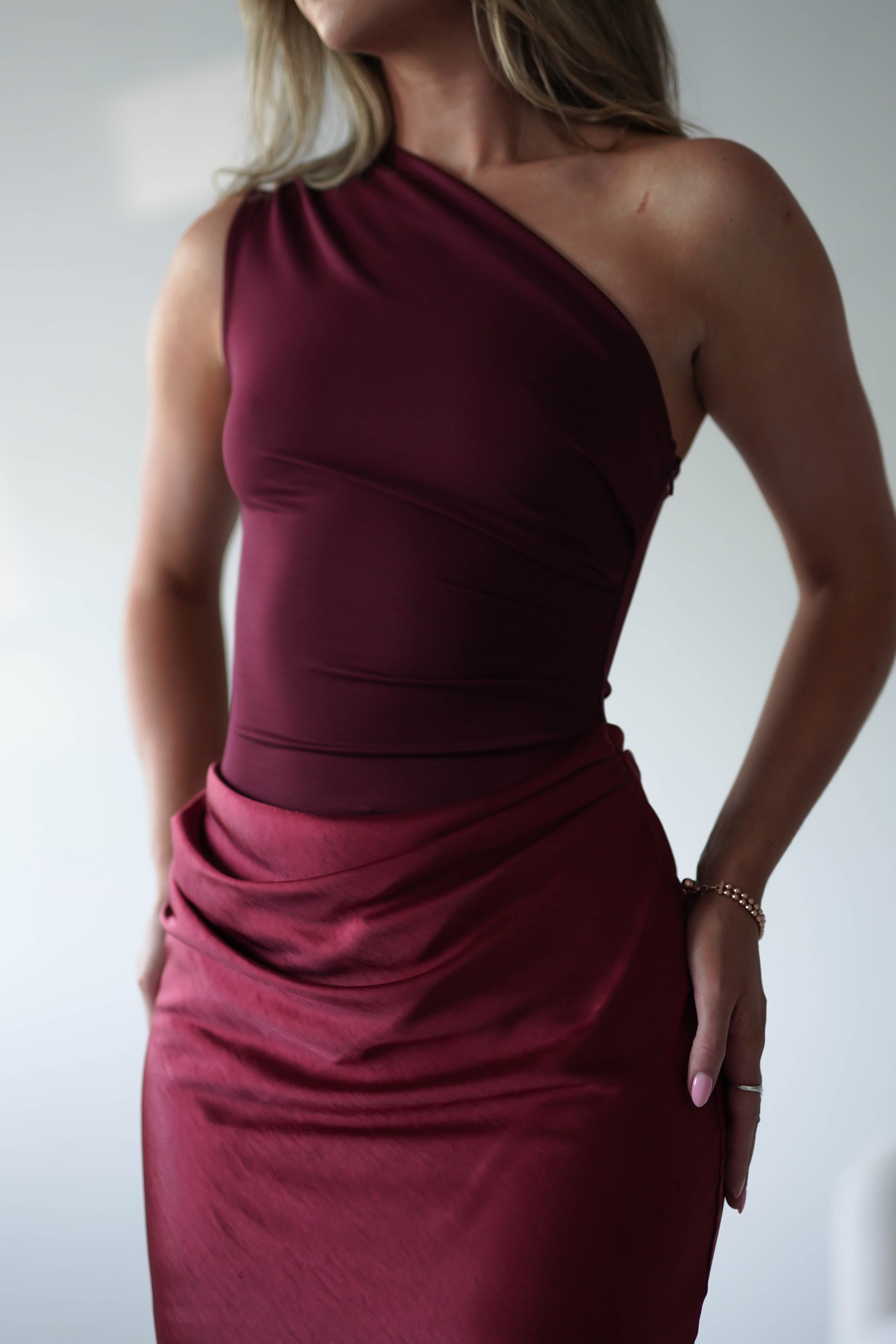 Kashia Draped Satin Maxi Dress Wine | Wedding Guest Dress | Draped Skirt | Maxi | Oh Hello Clothing