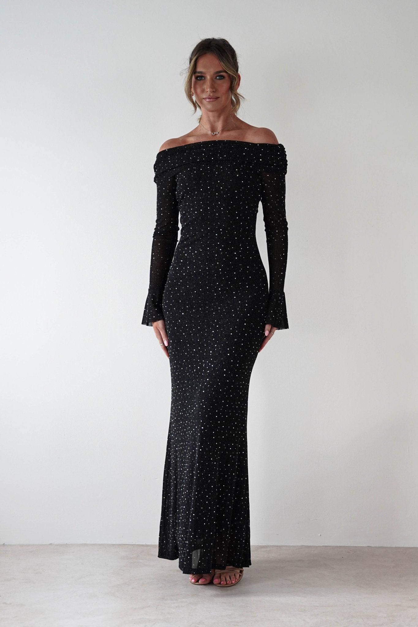 Katalina Sparkling Rhinestone Maxi Dress Black | Wedding Guest Dress | One Shoulder | Maxi | Oh Hello Clothing