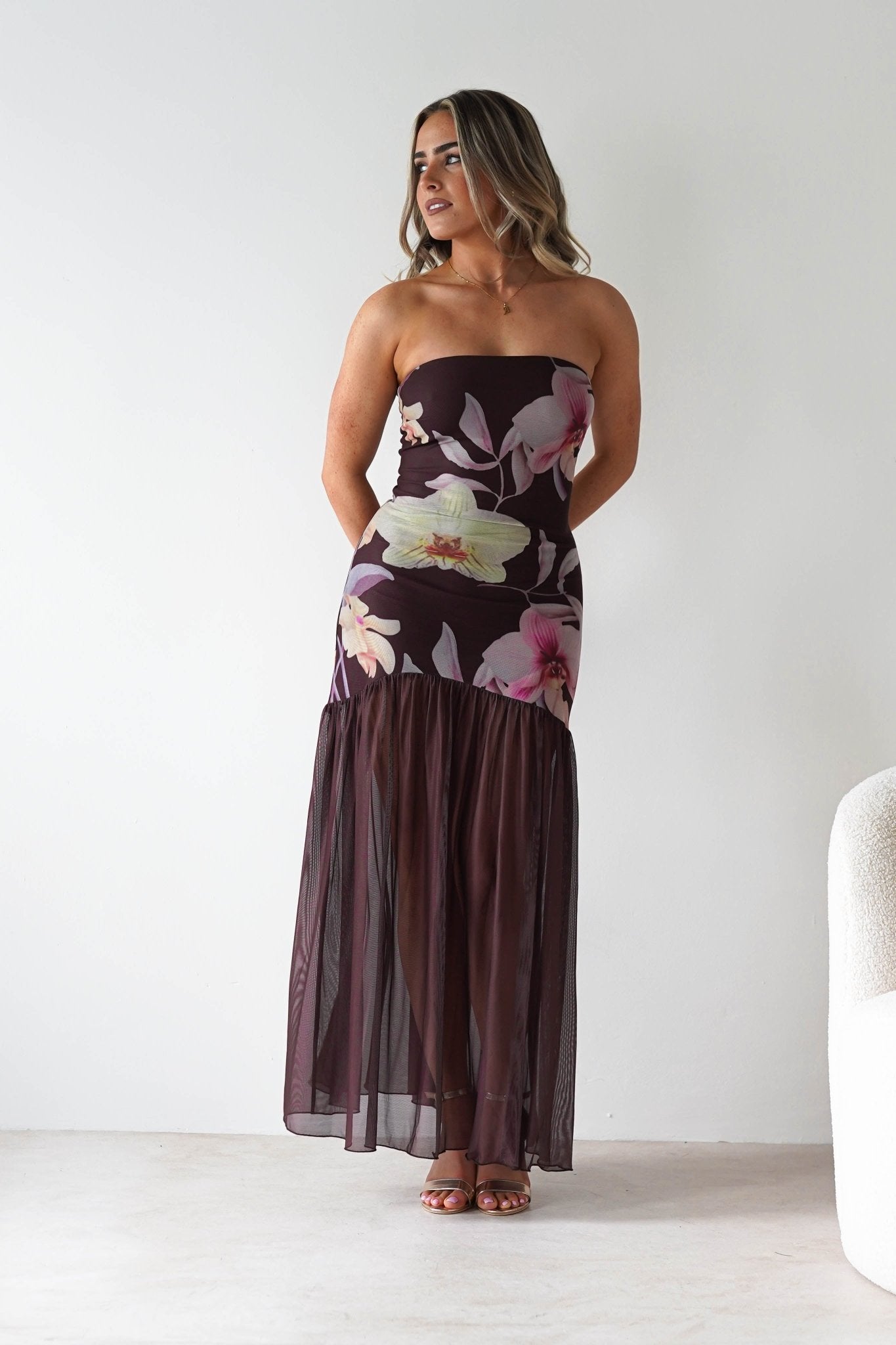 Khalani Strapless Midaxi Dress Brown Floral | Wedding Guest Dress | Oh Hello Clothing