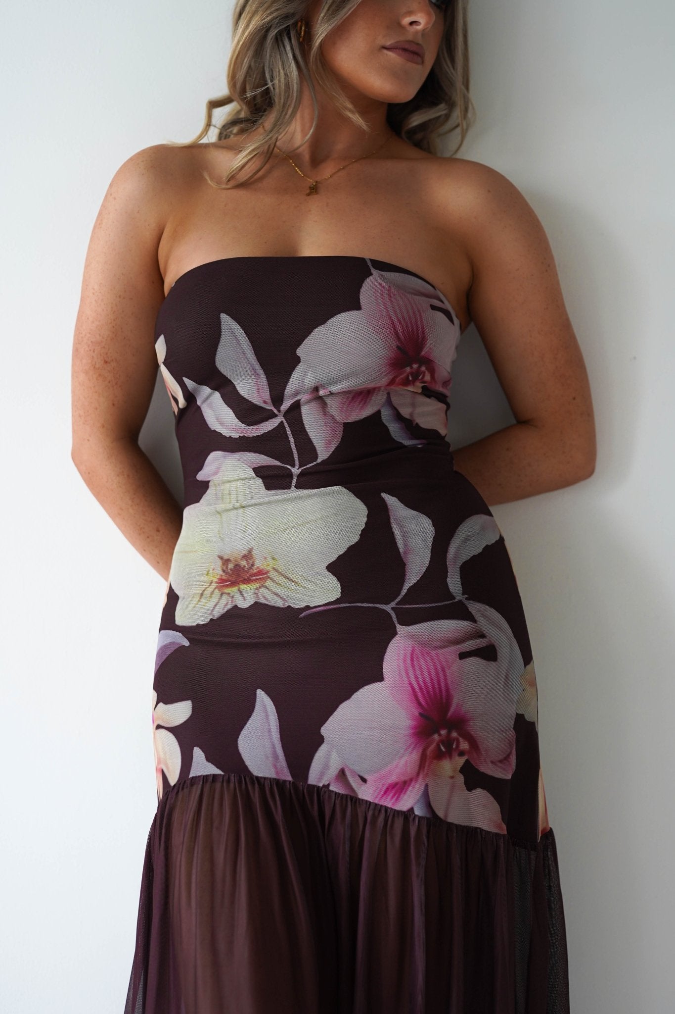 Khalani Strapless Midaxi Dress Brown Floral | Wedding Guest Dress | Oh Hello Clothing
