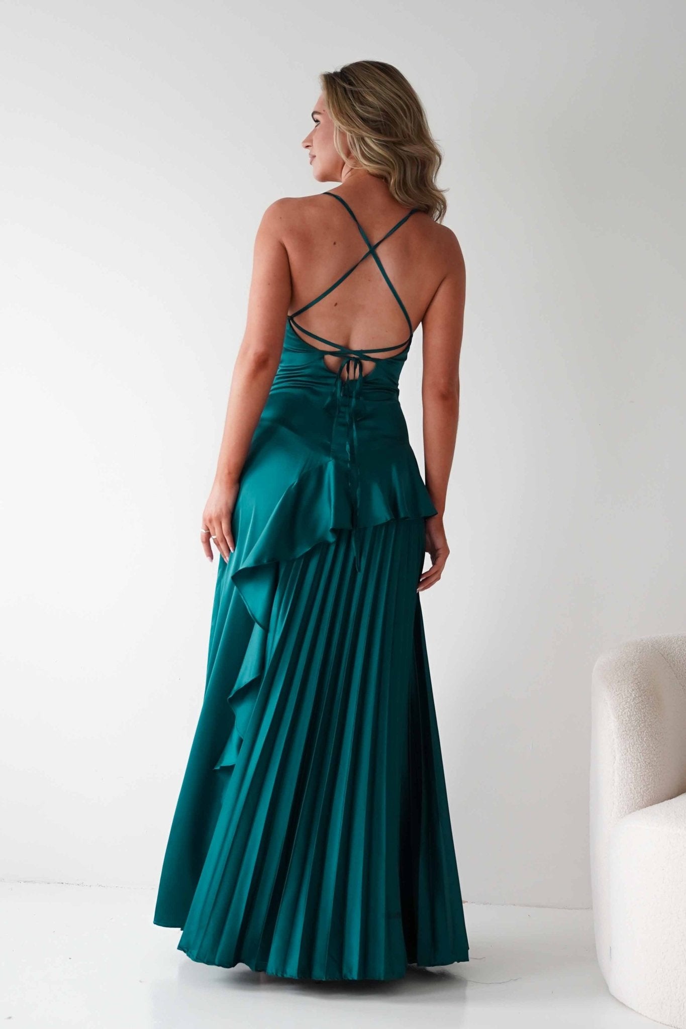 Krishna Satin Pleated Maxi Dresses | Emerald Green | Formal | Oh Hello Clothing