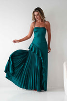 Krishna Satin Pleated Maxi Dresses | Emerald Green | Formal | Oh Hello Clothing