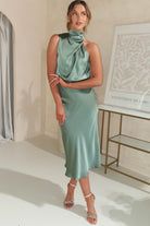 Layla Satin Print High Neck Midi Dress | Olive | Oh Hello Clothing
