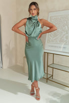 Layla Satin Print High Neck Midi Dress | Olive | Oh Hello Clothing
