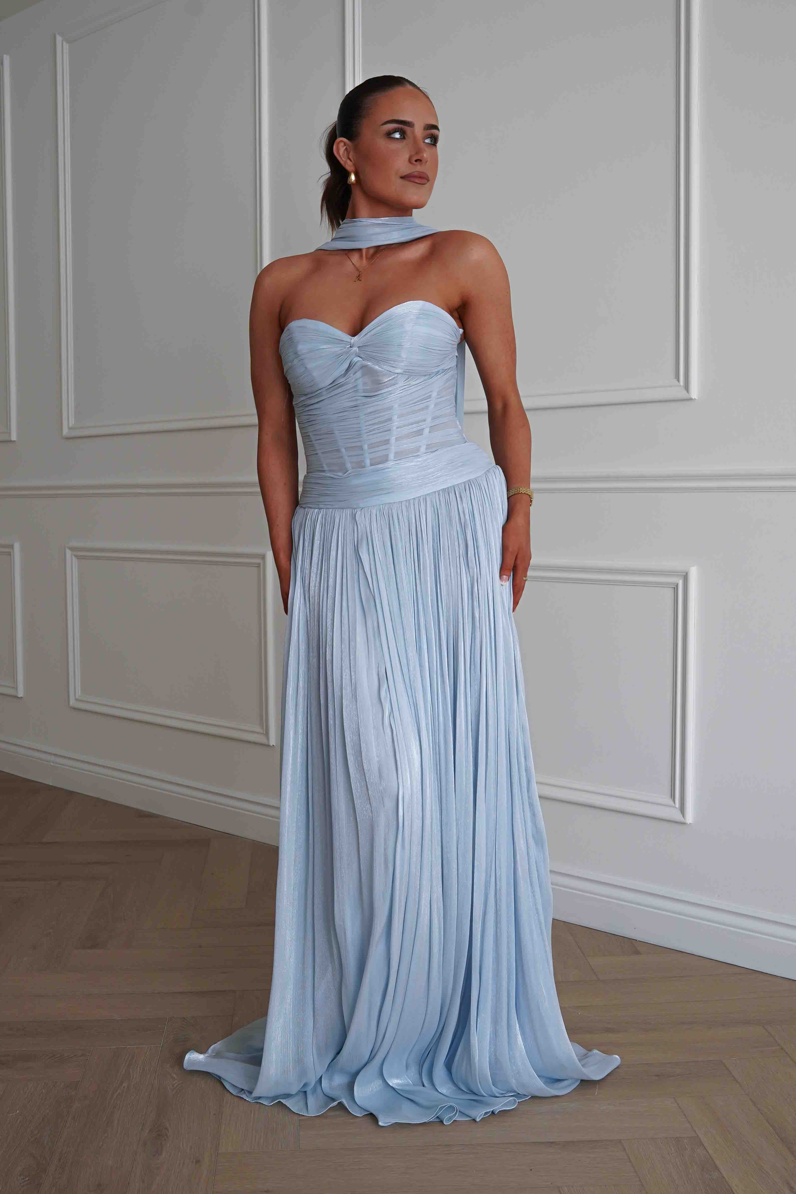 Oh Hello Clothing Dresses > Prom Dresses Longoria Pleated Luminescent Maxi Gown | Blue