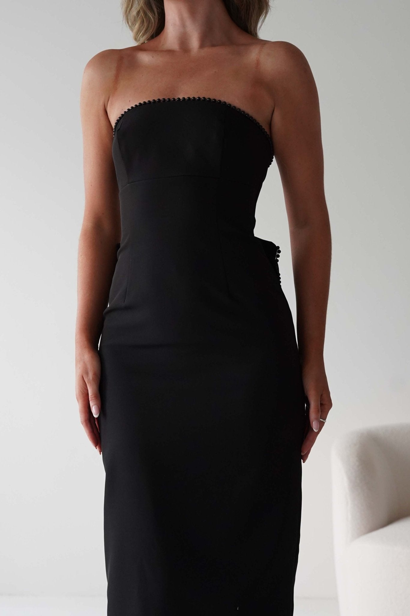 Louisiana Pearl Bow Strapless Dress Black | Wedding Guest Dress | Oh Hello Clothing
