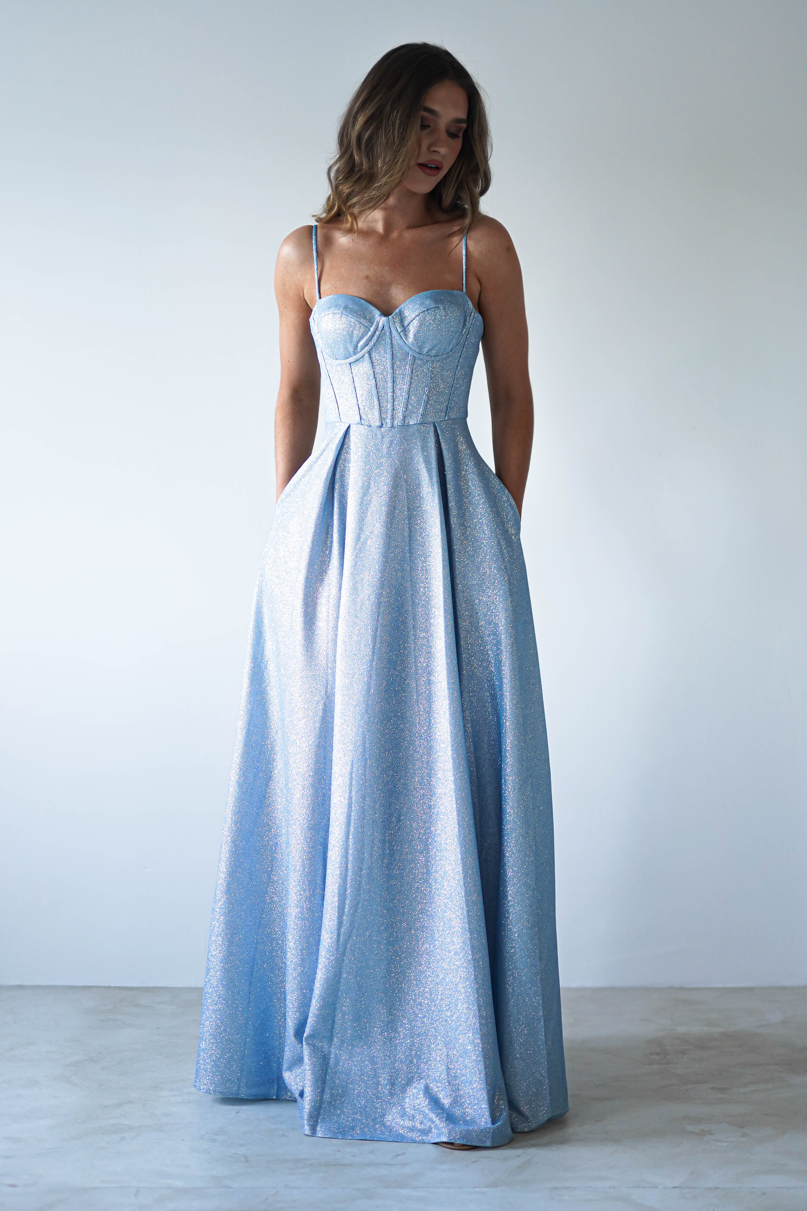 Luna Glitter Corset Aline Gown | Blue | Debs & Prom | Formal Gown | Oh Hello Clothing