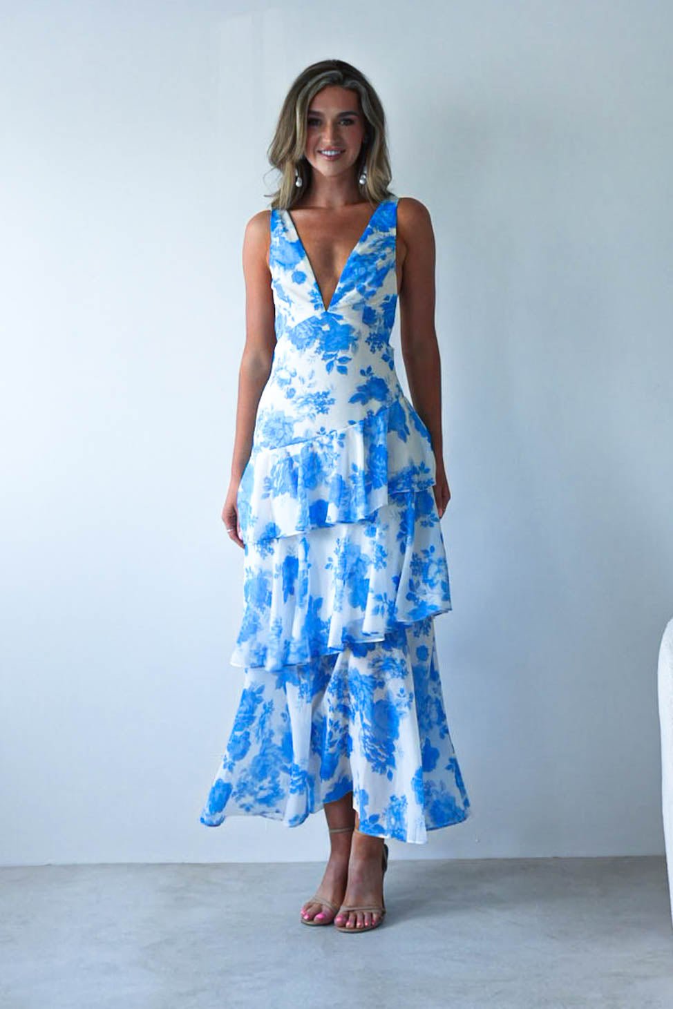 Lyla Floral Ruffle Midaxi Dress Blue/White | Wedding Guest Dress | Oh Hello Clothing