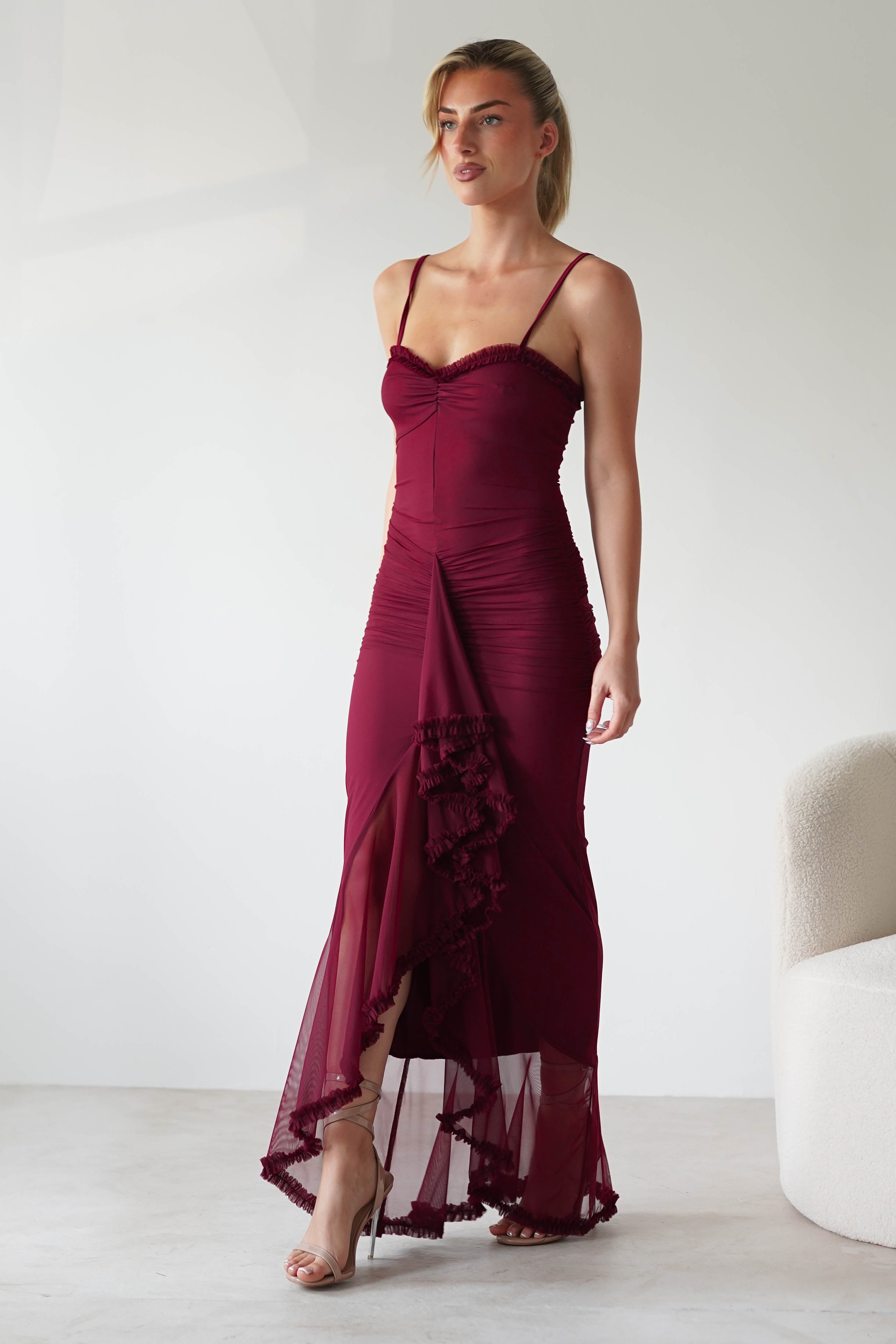 Manuella Mesh Bodycon Midaxi Dress Burgundy | Wedding Guest Dress | Bodycon | Mesh | Oh Hello Clothing