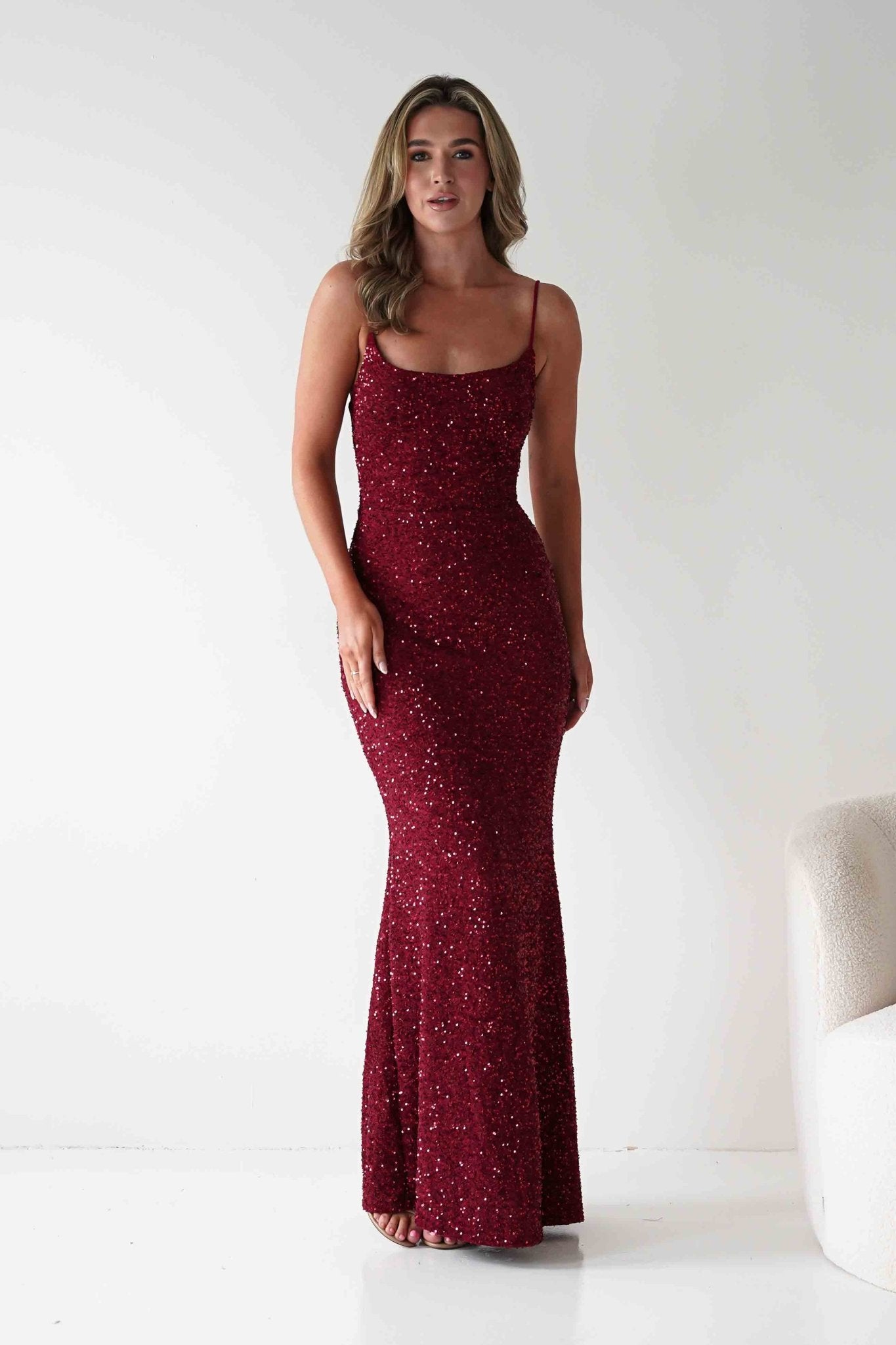 Maria Sequin Bodycon Maxi Gown | Dark Red | Debs & Prom | Formal Gown | Oh Hello Clothing