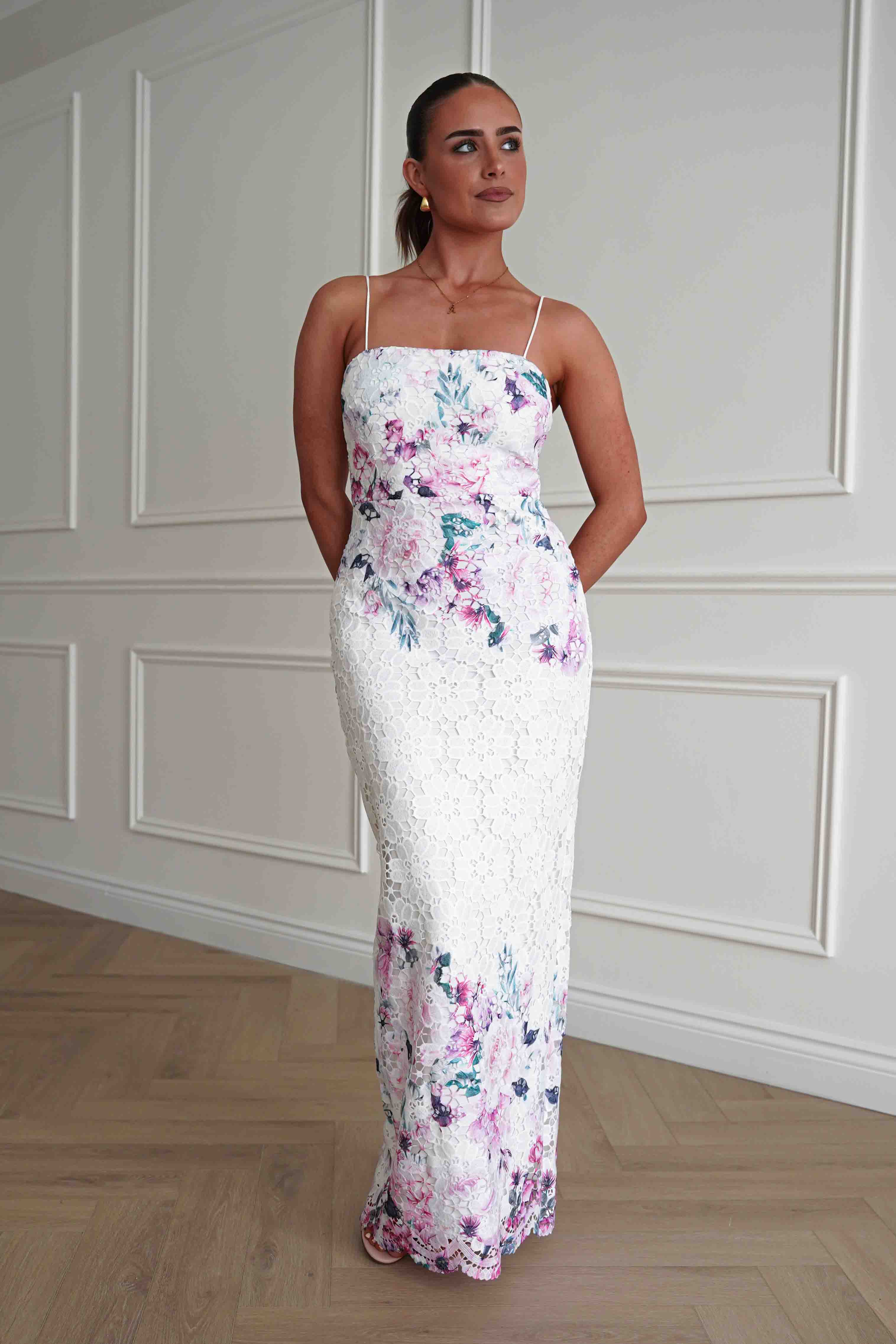 Oh Hello Clothing Women > Clothing > Dresses Melanie Floral Lace Midaxi Dress | White/Pink