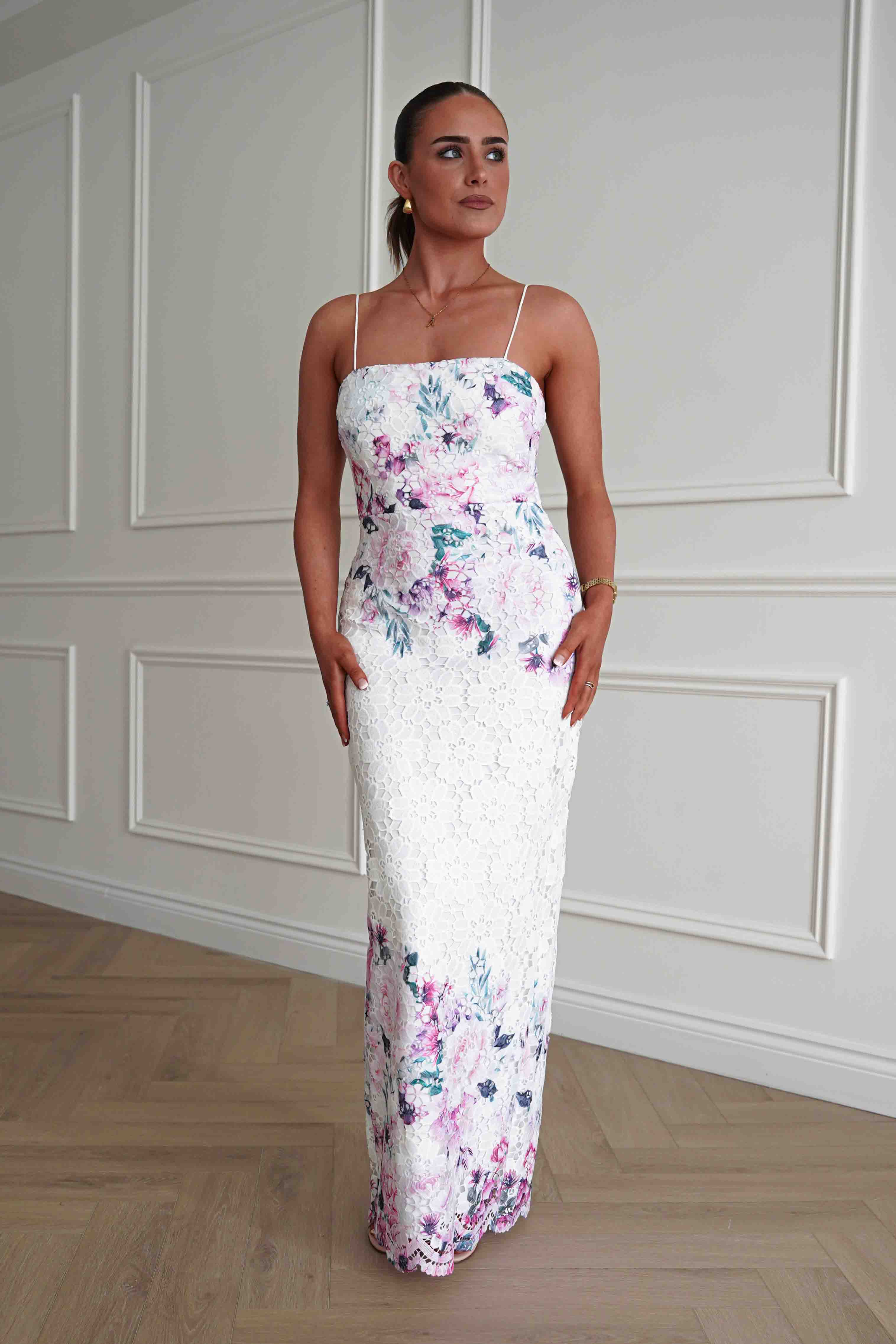 Oh Hello Clothing Women > Clothing > Dresses Melanie Floral Lace Midaxi Dress | White/Pink