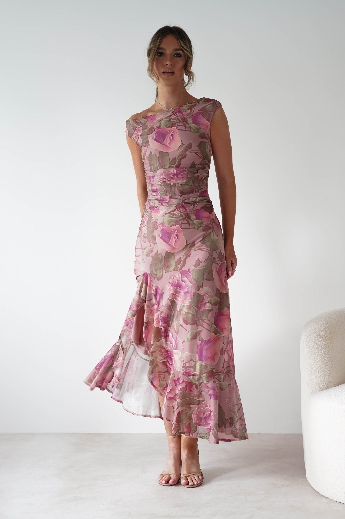 Milla Mesh Floral Bodycon Maxi Dress Blush | Wedding Guest Dress | Bodycon | Maxi | Oh Hello Clothing