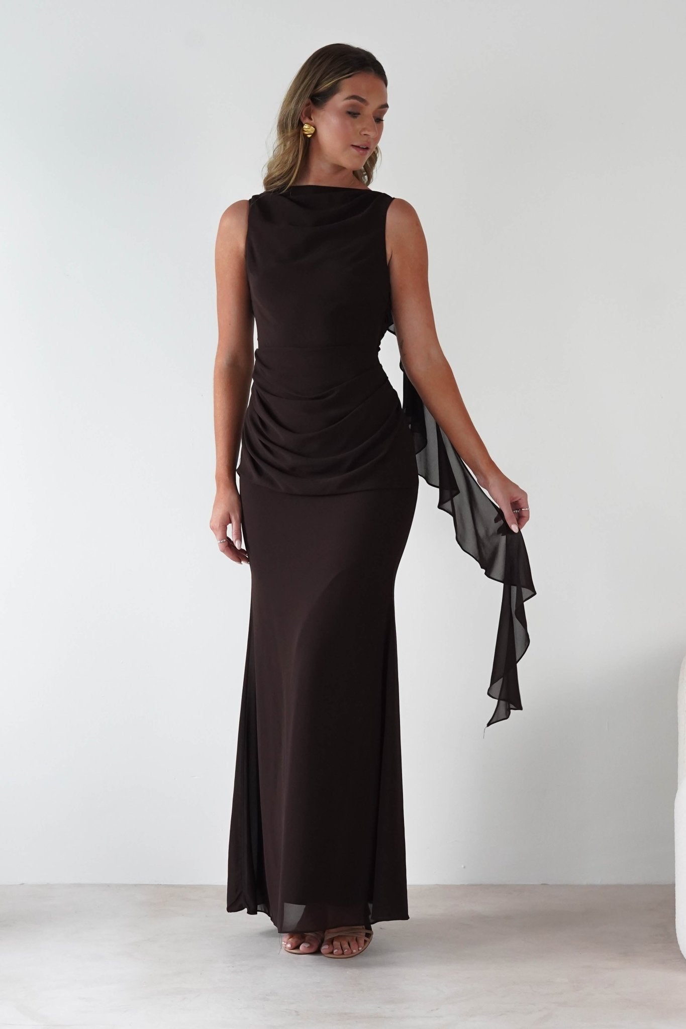 Montana Chiffon Maxi Dress Brown | Wedding Guest Dress | Maxi | Chiffon | Oh Hello Clothing
