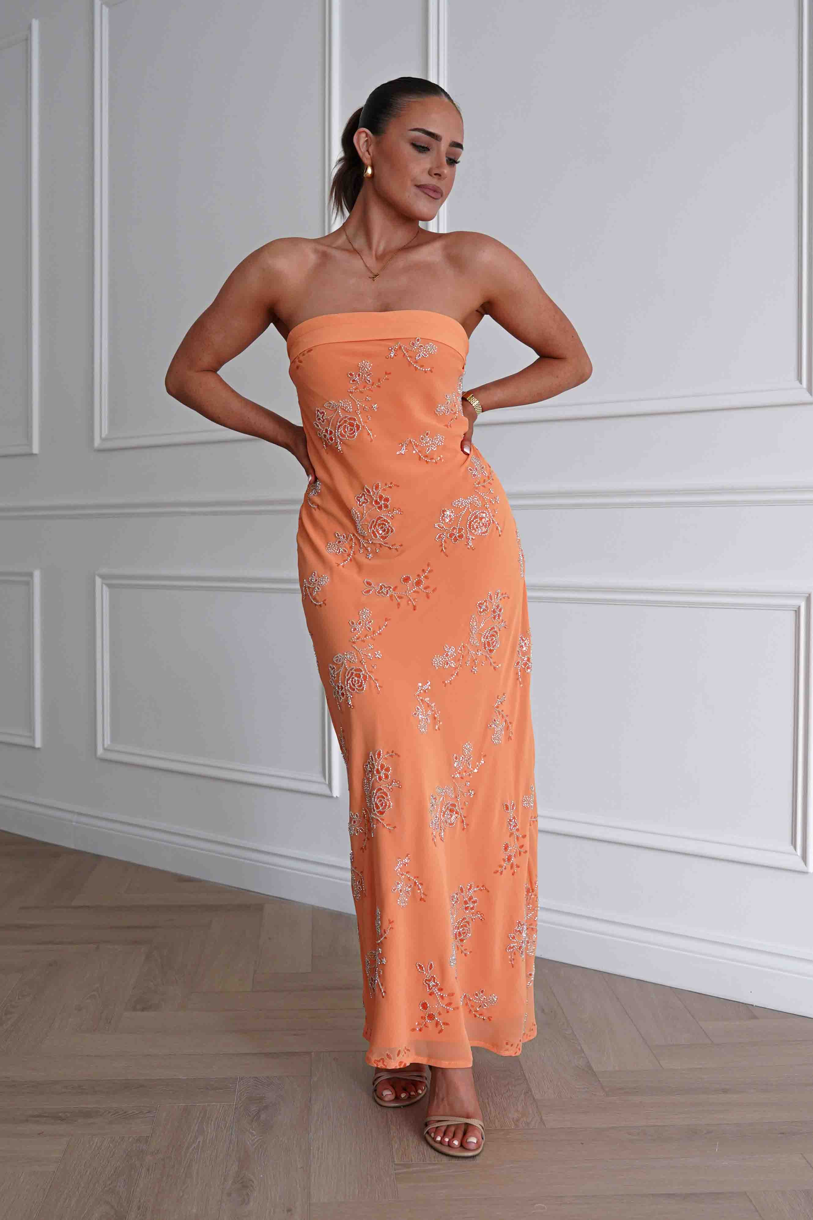 Oh Hello Clothing Women > Clothing > Dresses Nenita Beaded Strapless Maxi Dress | Orange