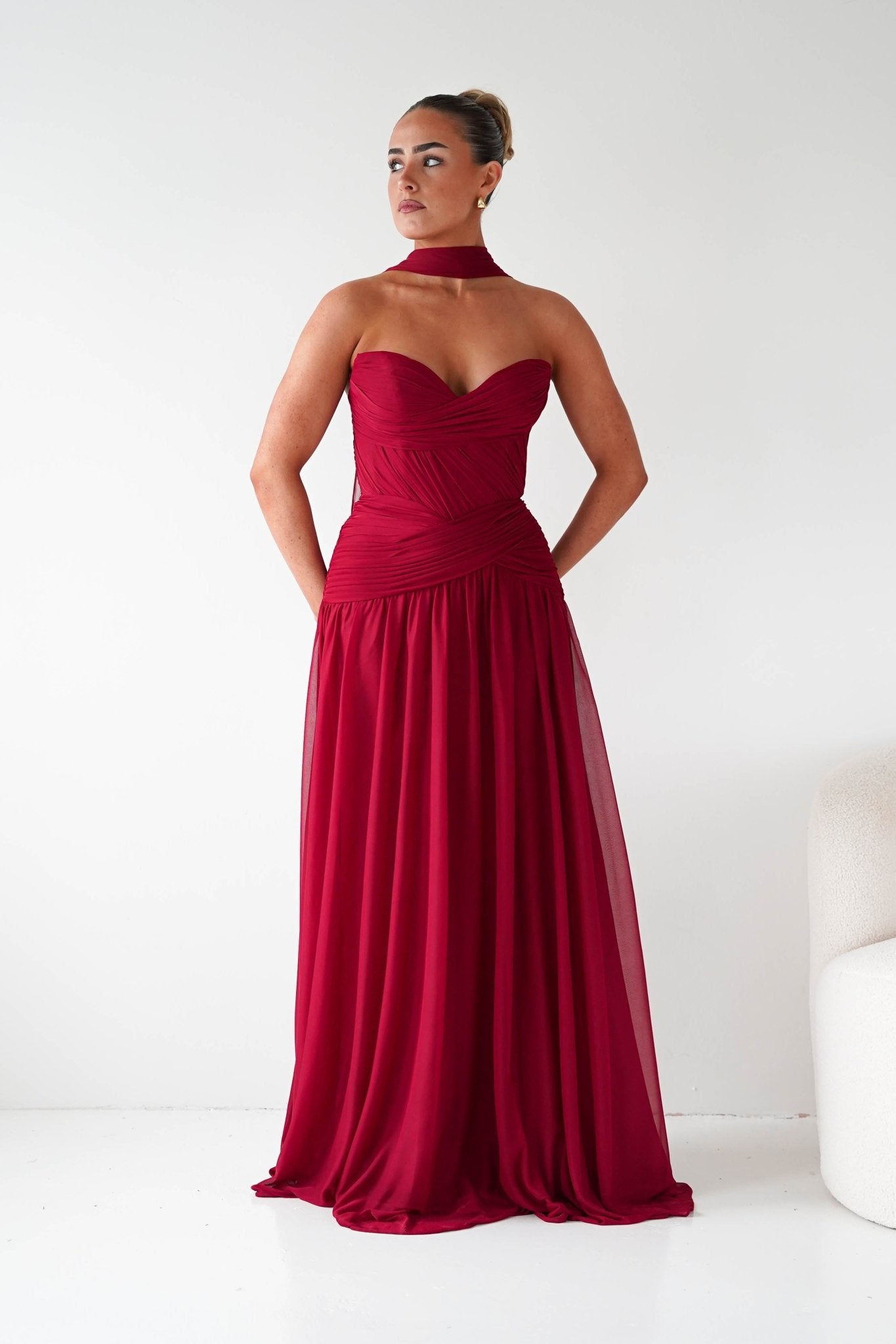 Oh Hello Clothing Dresses Nicolette Strapless Chiffon Maxi Gown | Dark Red