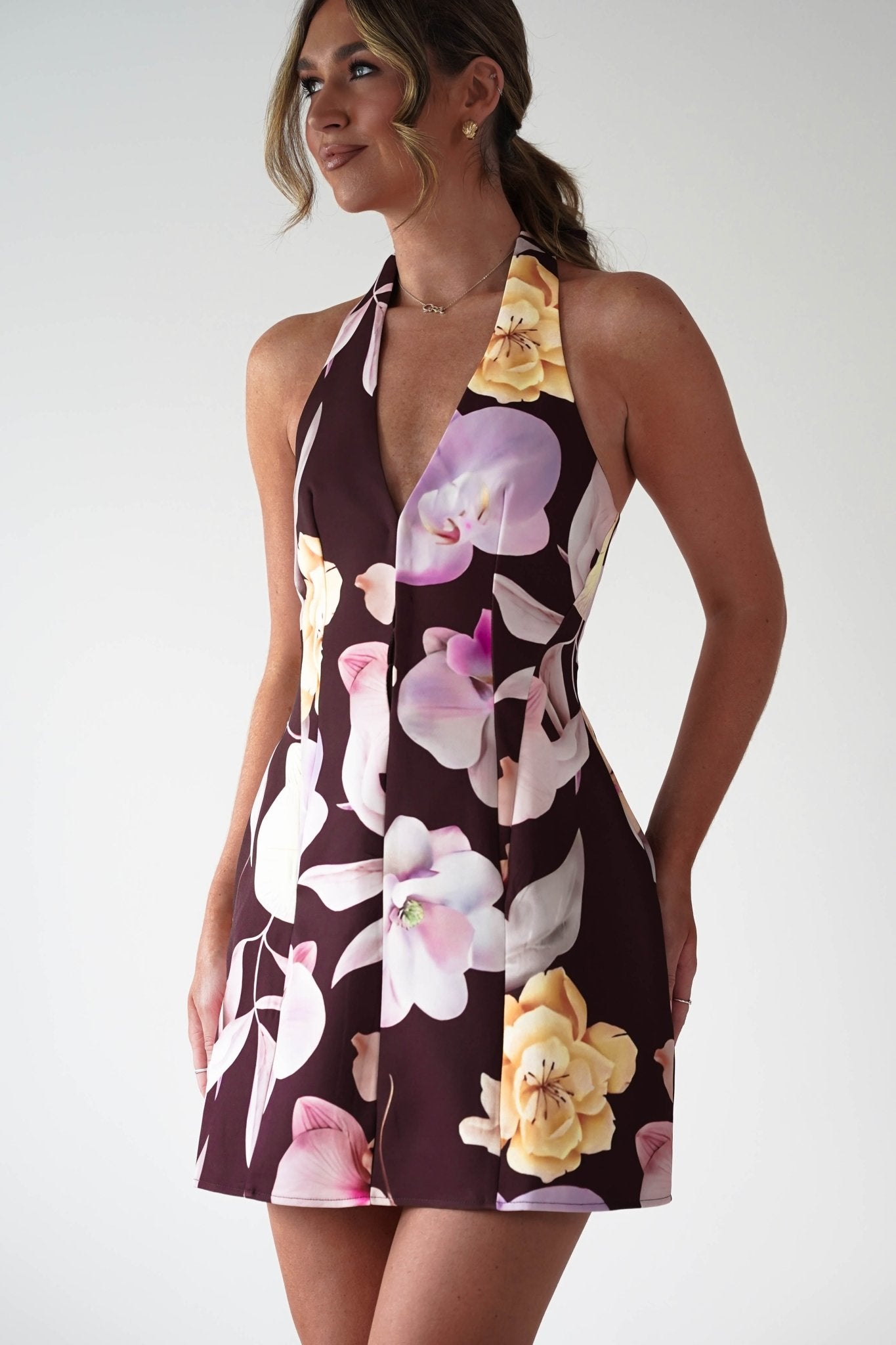 Peony Structured Halter Neck Mini Dress Brown | Wedding Guest Dress | Halter Neck | Oh Hello Clothing