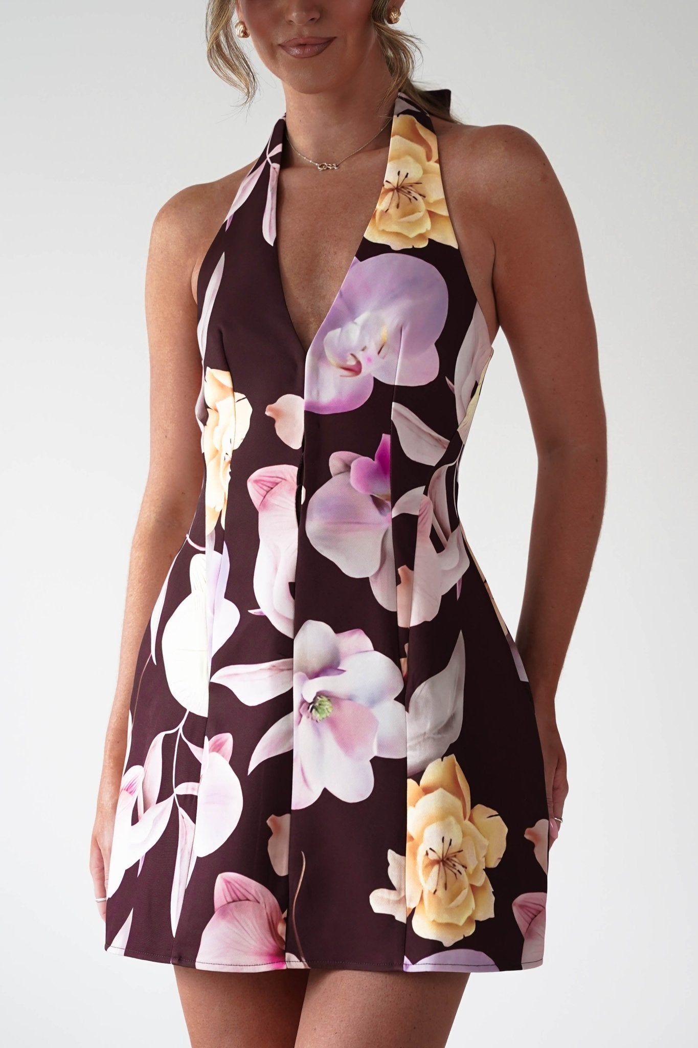 Peony Structured Halter Neck Mini Dress Brown | Wedding Guest Dress | Halter Neck | Oh Hello Clothing