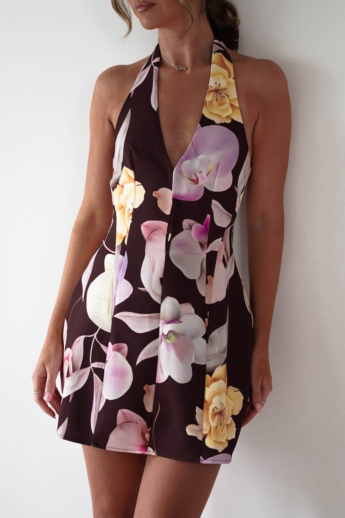 Peony Structured Halter Neck Mini Dress Brown | Wedding Guest Dress | Halter Neck | Oh Hello Clothing