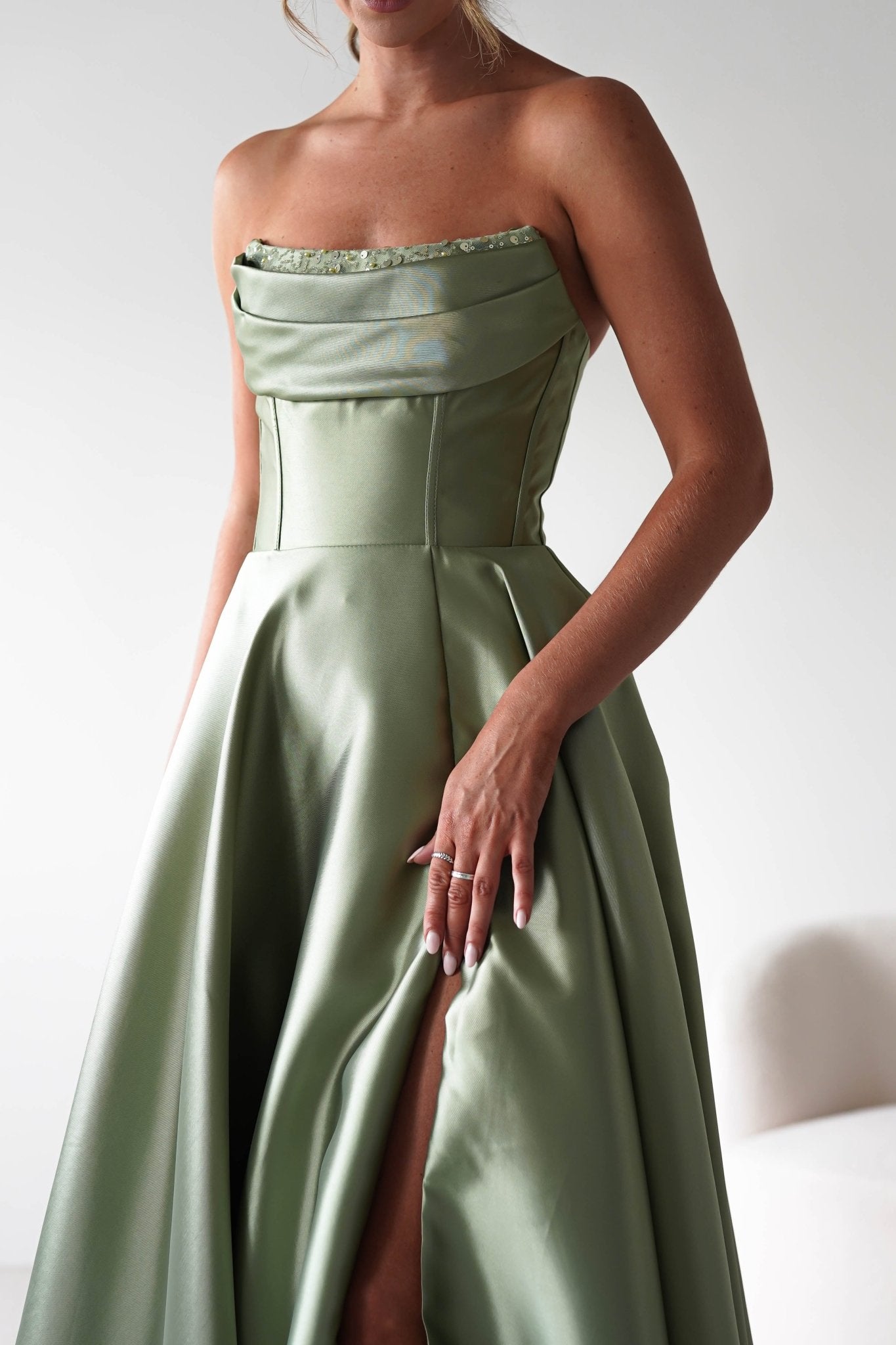 Pepper Strapless A-Line Maxi Gown | Sage | Debs & Prom | Formal Gown | Oh Hello Clothing