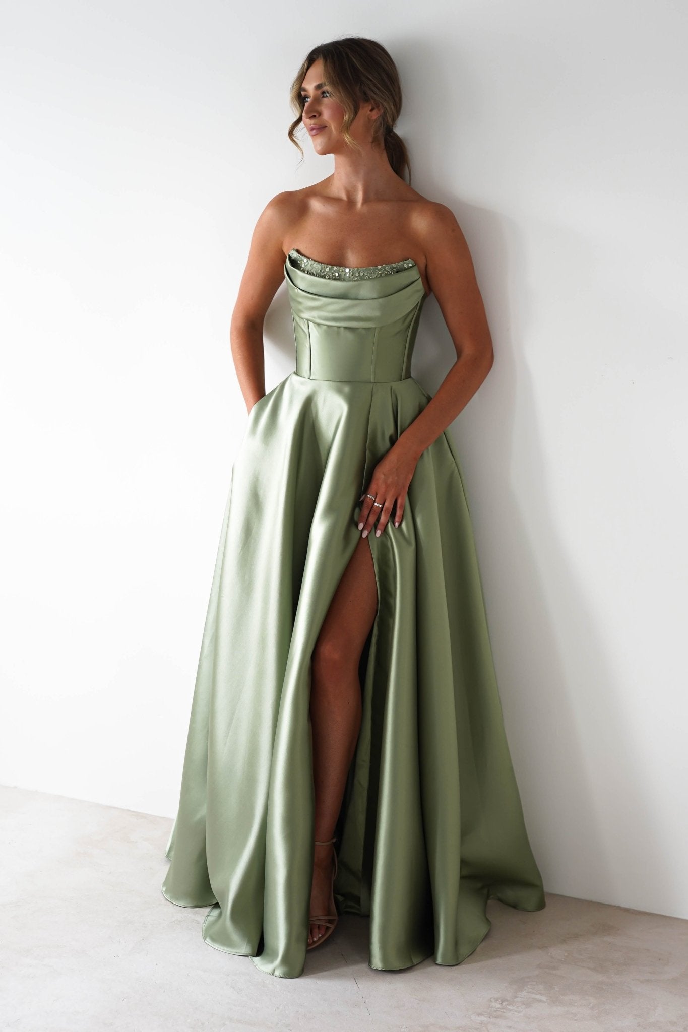 Pepper Strapless A-Line Maxi Gown | Sage | Debs & Prom | Formal Gown | Oh Hello Clothing