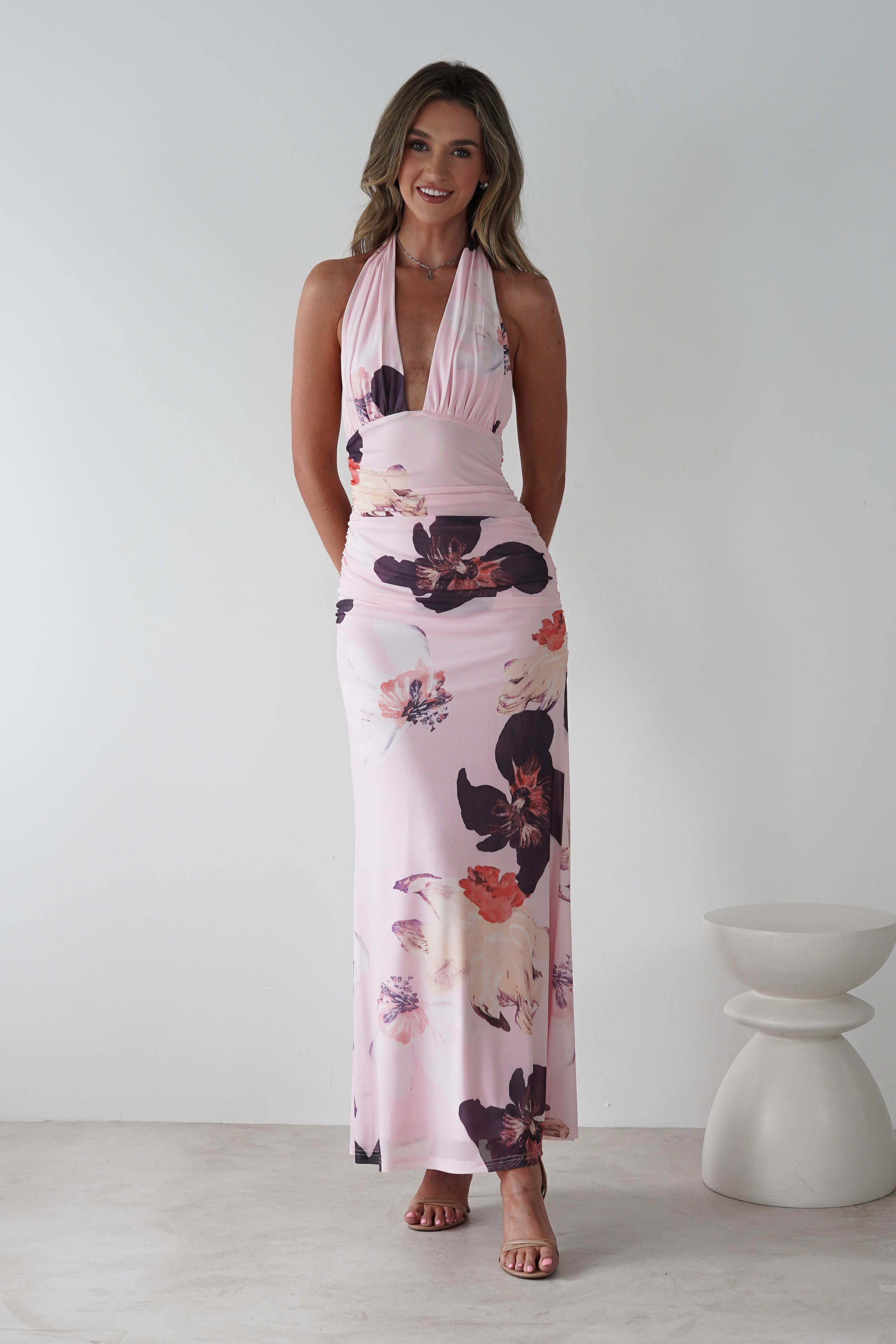Rhoda Floral Print Mesh Maxi Dress Light Pink | Wedding Guest Dress | Maxi | Mesh | Oh Hello Clothing