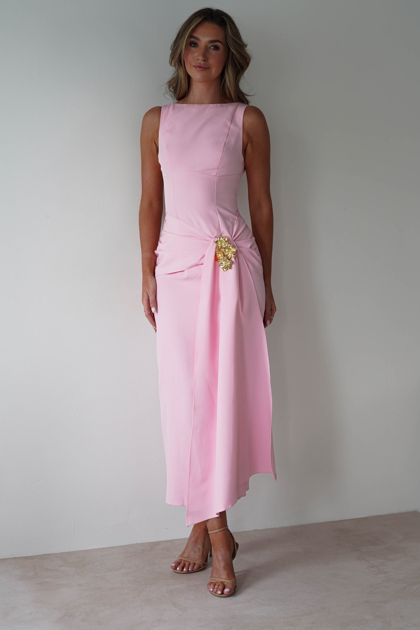 Rina Gathered Waist Midaxi Dress Pink | Wedding Guest Dress | Oh Hello Clothing