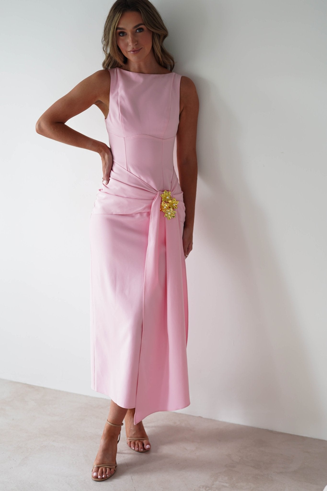 Rina Gathered Waist Midaxi Dress Pink | Wedding Guest Dress | Oh Hello Clothing