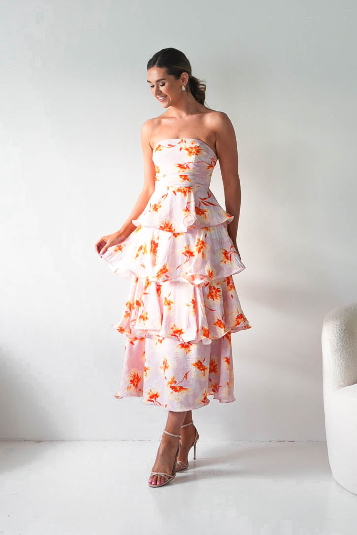 Oh Hello Clothing Women > Clothing > Dresses Rosha Floral Tiered Strapless Maxi Dress | Peach