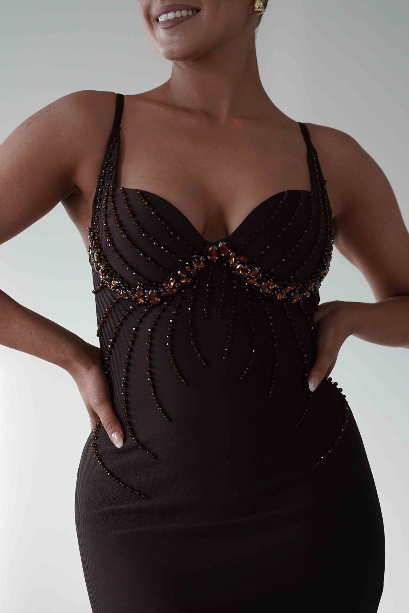 Oh Hello Clothing Dresses 1*DONE - F&P - 616015- brown midi dress featuring intricate bead